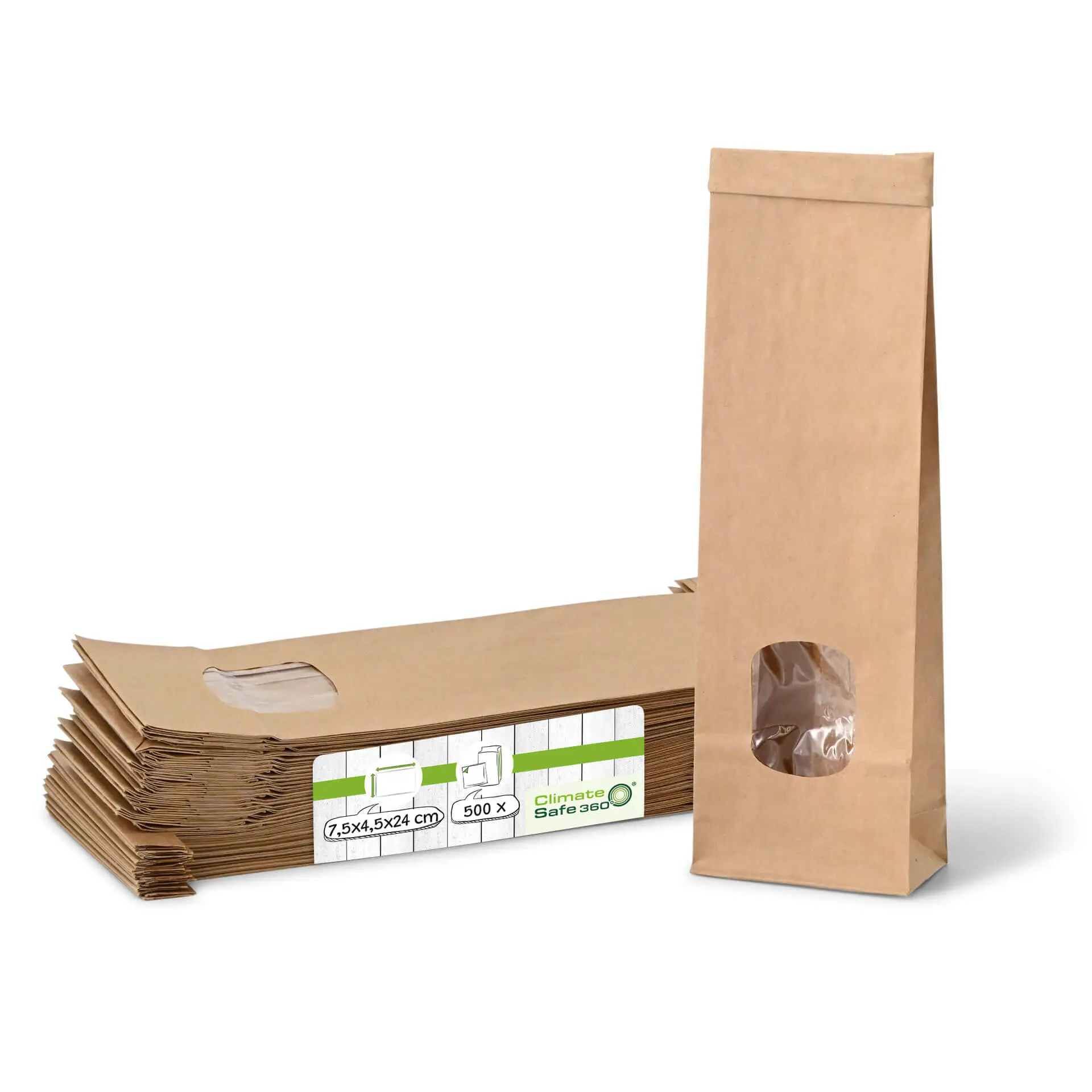 Blokbodemzakken met venster XS, 7,5 x 4,5 x 24 cm, bruin, clipband
