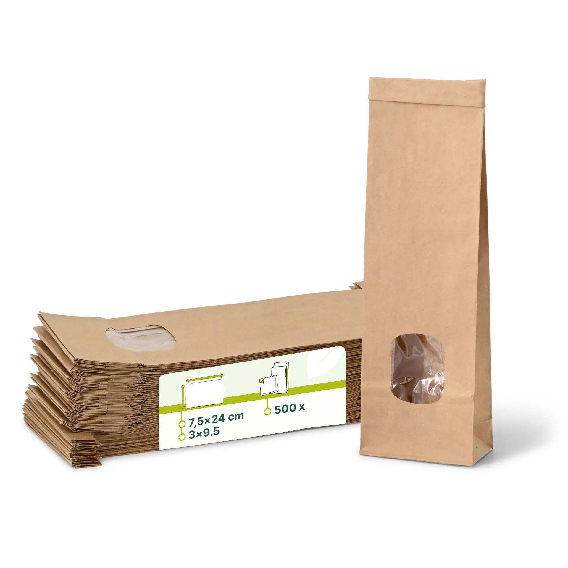 Blokbodemzakken met venster XS, 7,5 x 4,5 x 24 cm, bruin, clipband Blokbodemzakken met venster XS, 7,5 x 4,5 x 24 cm, bruin, clipband