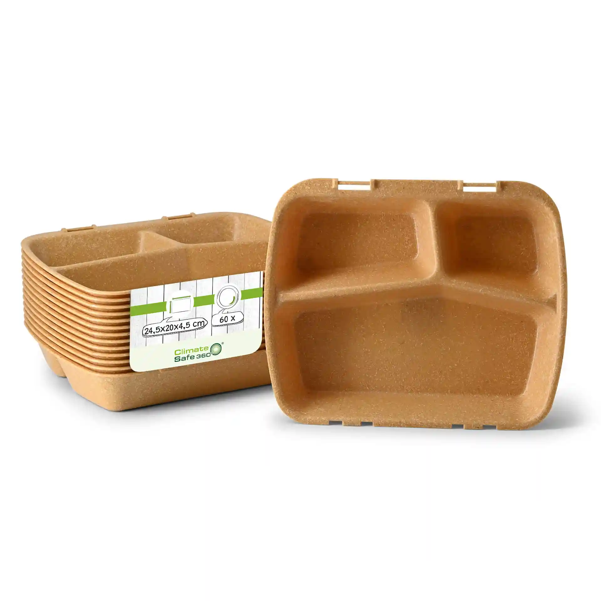 Bruine herbruikbare maaltijdcontainer met drie compartimenten, 24,5 x 20 x 4,5 cm, gestapeld met een label.