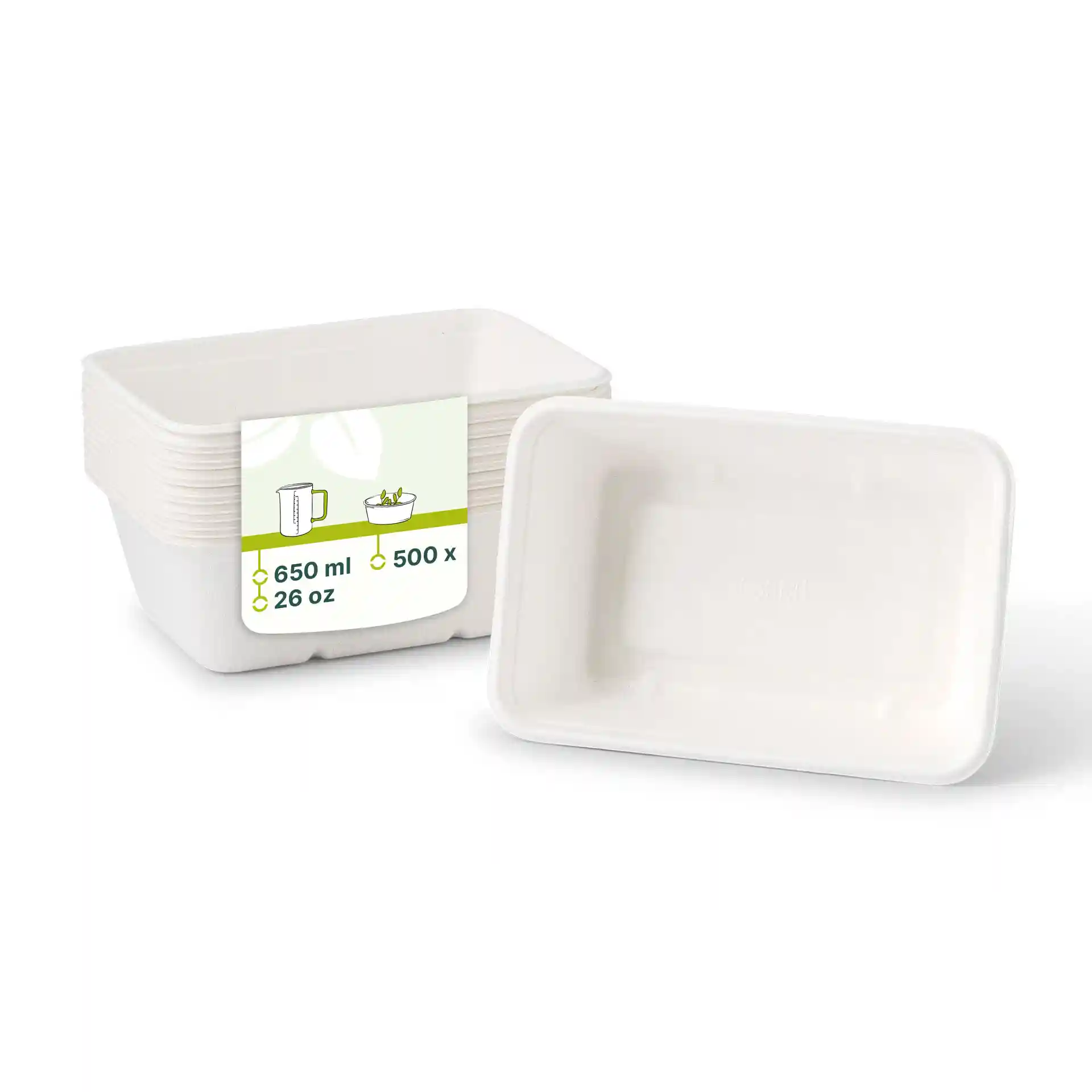 Witte rechthoekige suikerbietenkom, 650 ml capaciteit, met een label met productdetails.