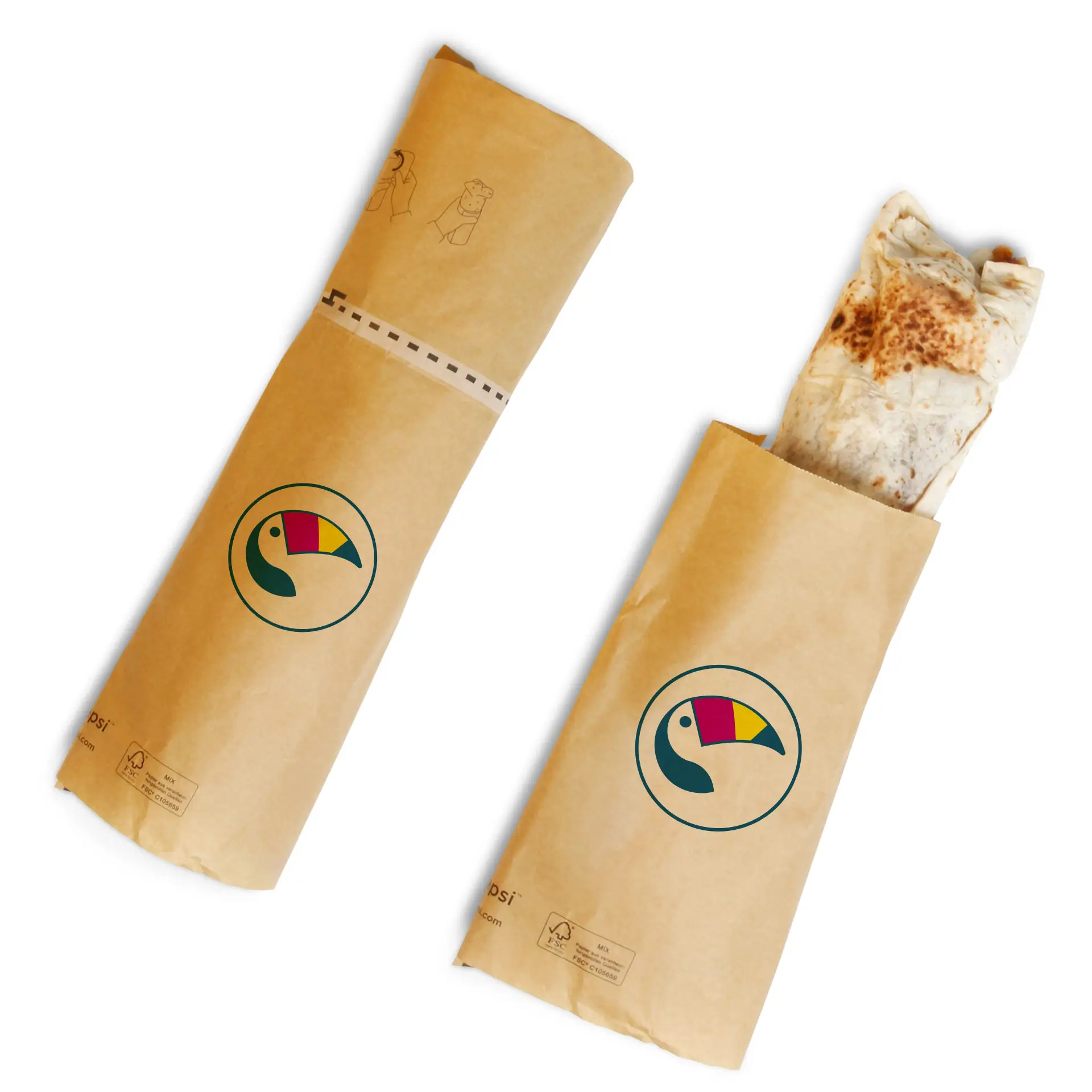 Aangepaste bedrukte wikkelpakketten met kleefsluiting; bevat een wikkel van duurzaam, vetvrij papier.