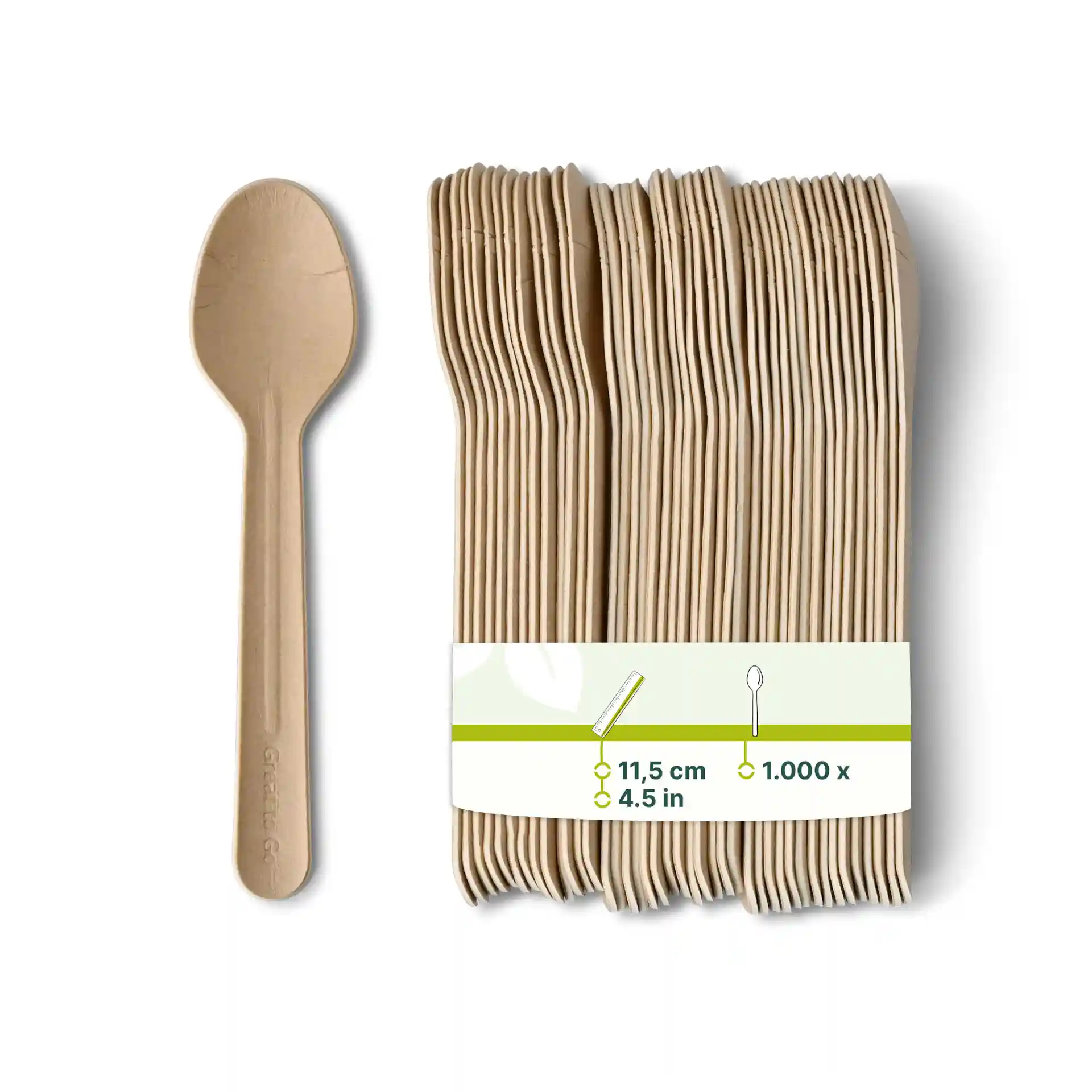 Bruine papieren lepel van 11,5 cm, met een label met productdetails en meerdere lepels erachter gestapeld.