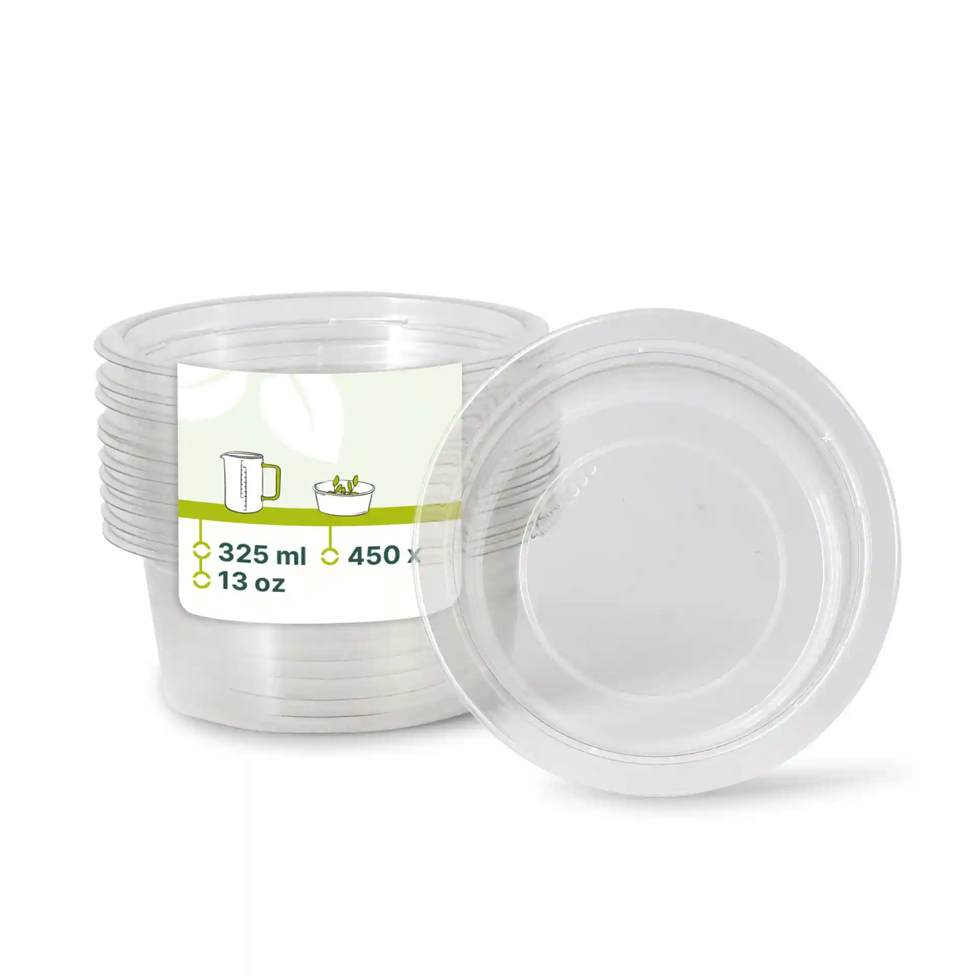Transparante ronde rPET-deli-bakken gestapeld, elk met een inhoud van 325 ml en een diameter van 123 mm.