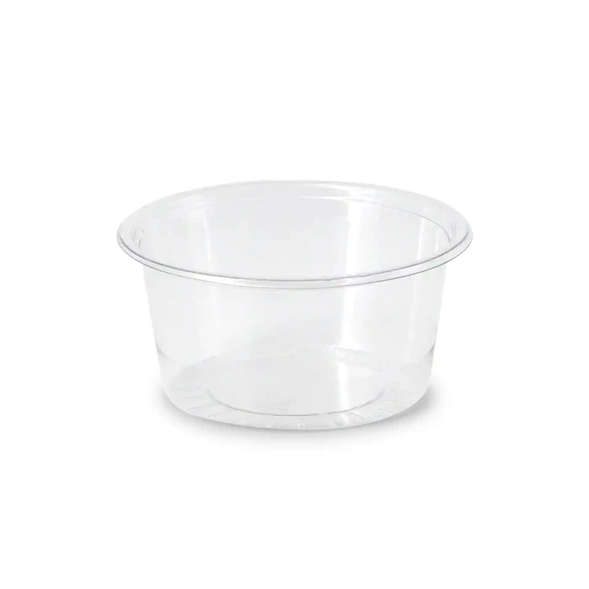 Heldere ronde rPET-sauspot met een diameter van 75 mm en een hoogte van 34 mm, inhoud van 100 ml.