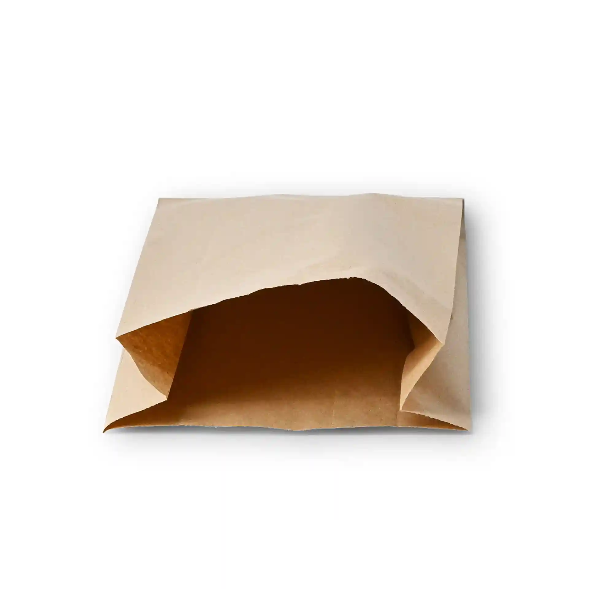 Bruine platte papieren tas met een open bovenkant, 15 x 6 x 29 cm, toont de binnenkant.