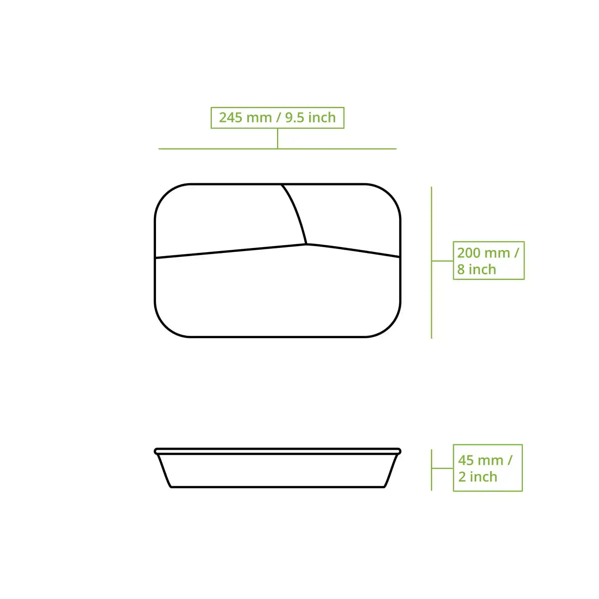 Schematische tekening van een herbruikbare maaltijdcontainer met drie compartimenten, afmetingen 245 mm bij 200 mm bij 45 mm.