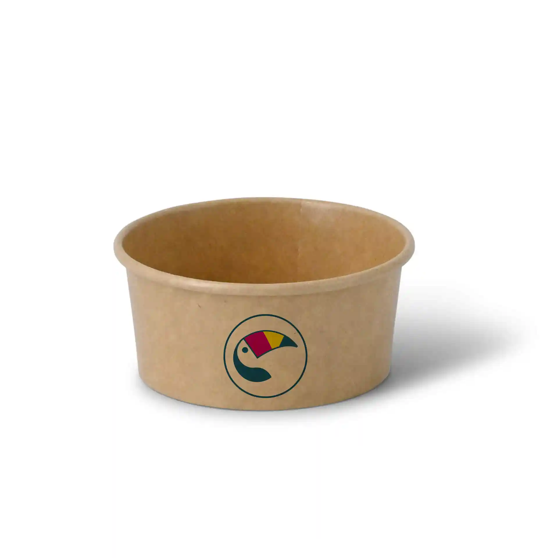 Bruine ronde ijsbekers van karton met een toekanlogo, met een inhoud van 100 ml.