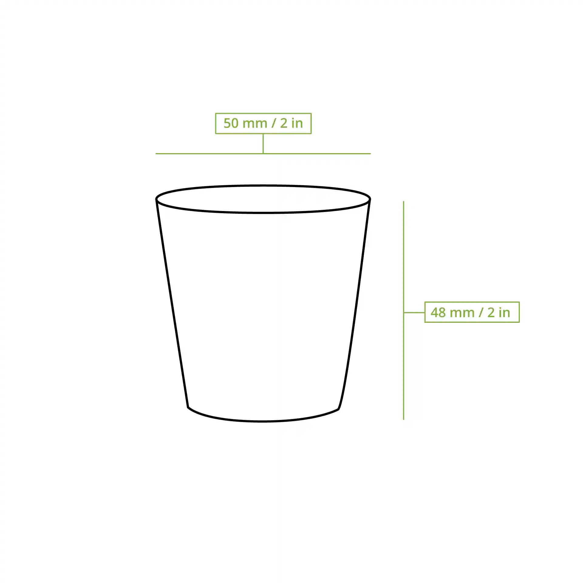 Schematische tekening van een beker met maatlijnen die een hoogte van 50 mm en een diameter van 50 mm aangeven.