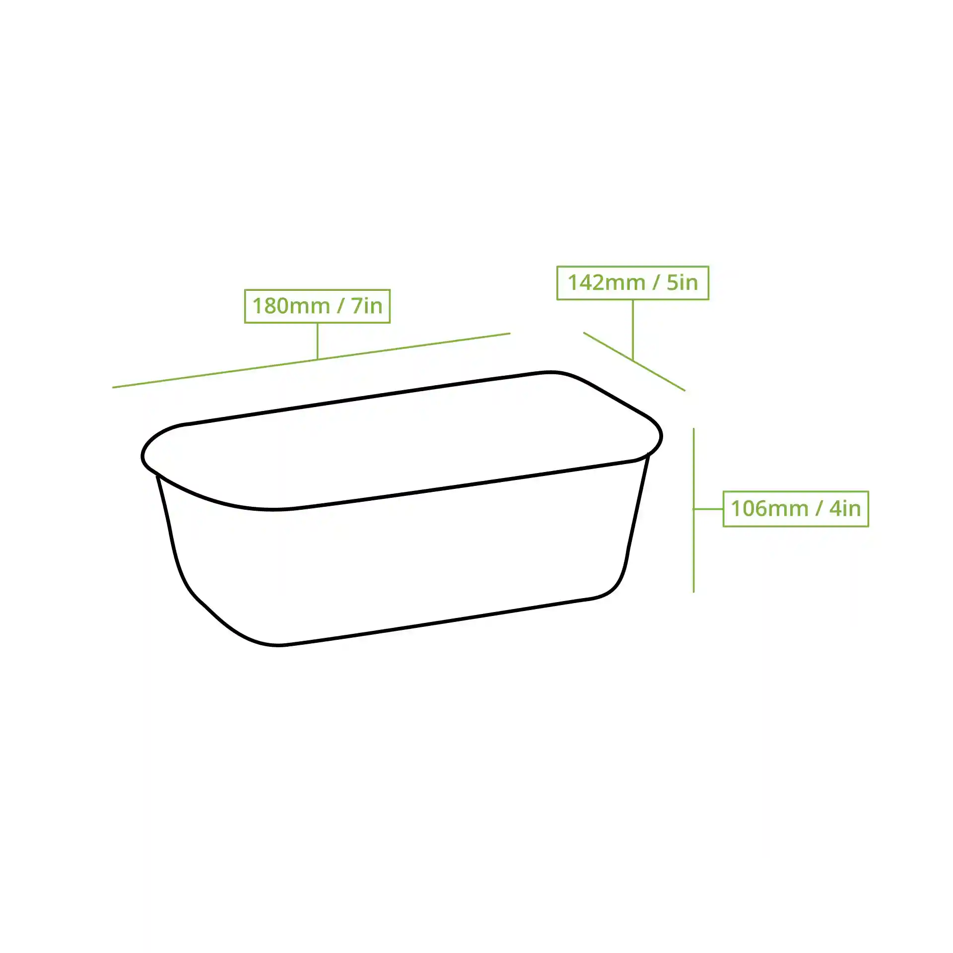 Schematische tekening van een rechthoekige container met afmetingen: 180mm lengte, 142mm breedte en 106mm hoogte.