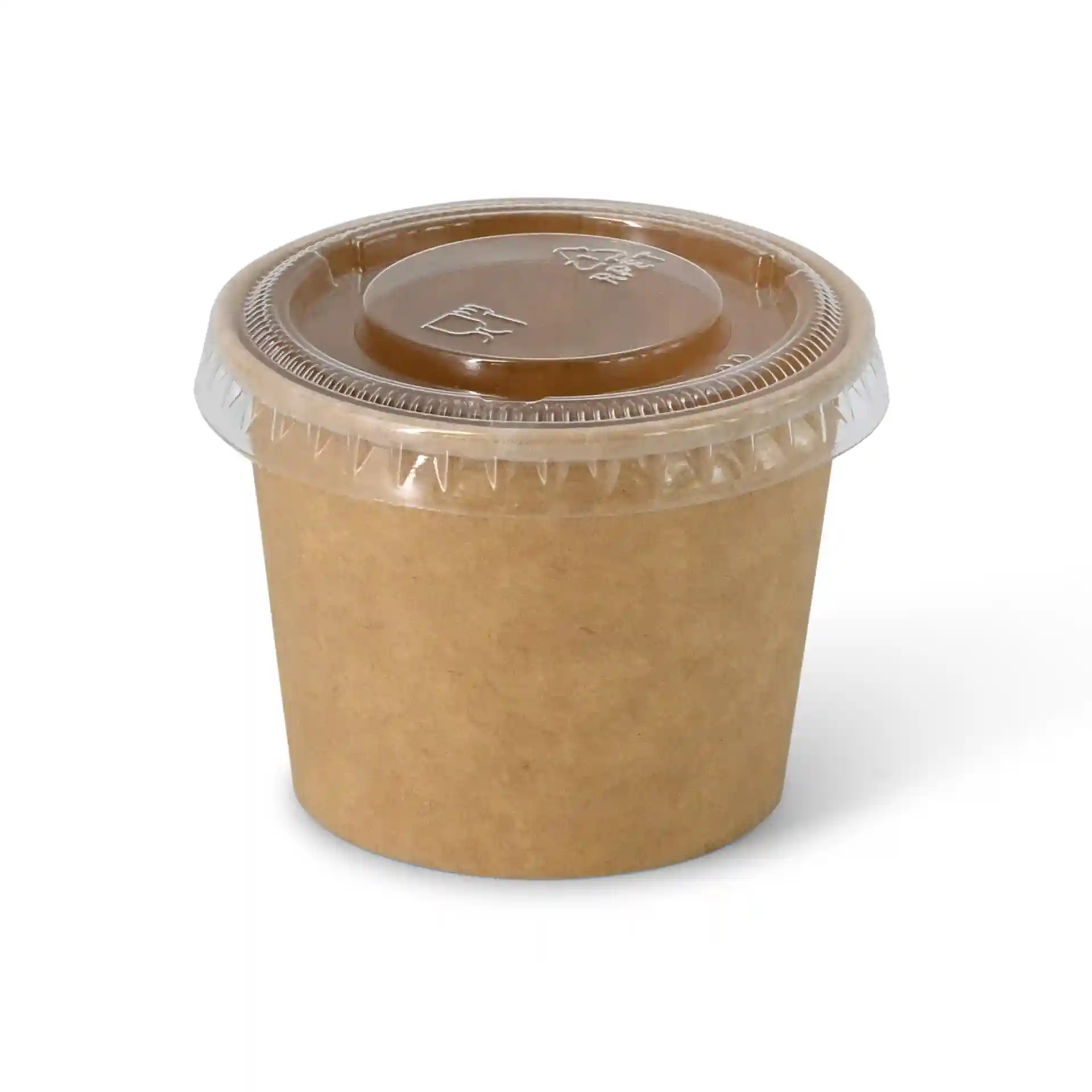 Bruine ronde deli-container met een deksel van helder plastic, 50 ml capaciteit, gemaakt van karton.