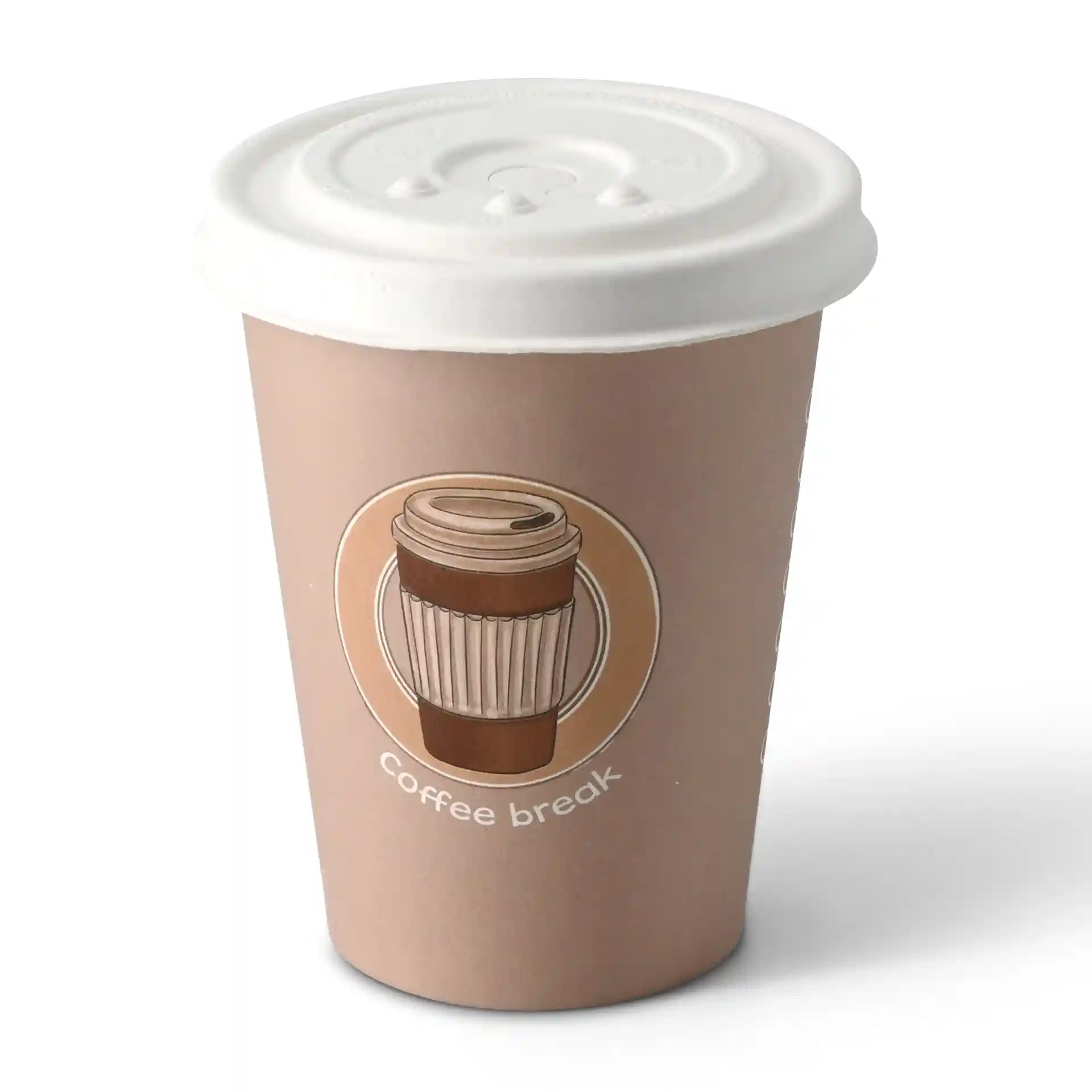 Bruine papieren beker met een witte deksel, met een koffieafbeelding en de tekst "koffiepauze" aan de voorkant.