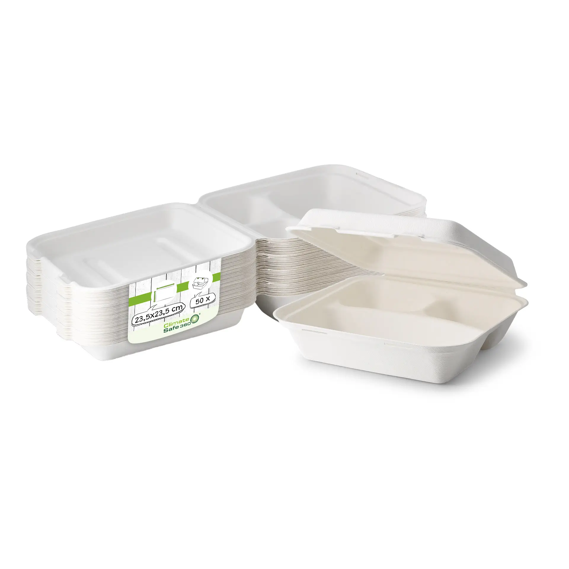 Maaltijdcontainer van suikerriet, 23,5 x 23,5 x 8 cm, 3 vakken, scharnierend deksel, rechthoekig