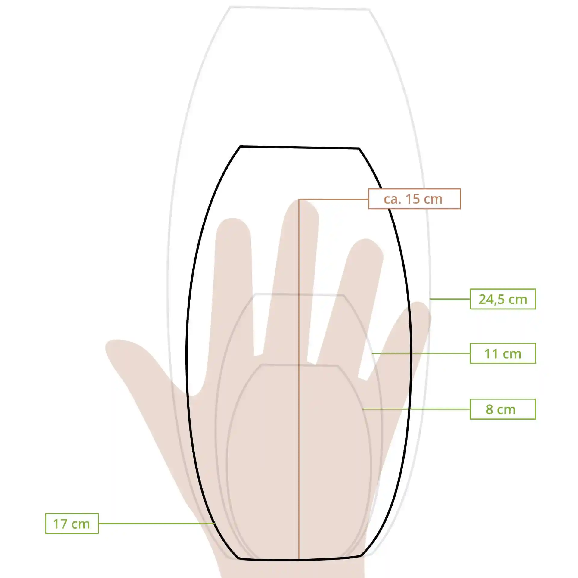 Schematische tekening van een bootvormig object met maatlijnen: 24,5 cm hoogte, 15 cm breedte en 17 cm diepte.