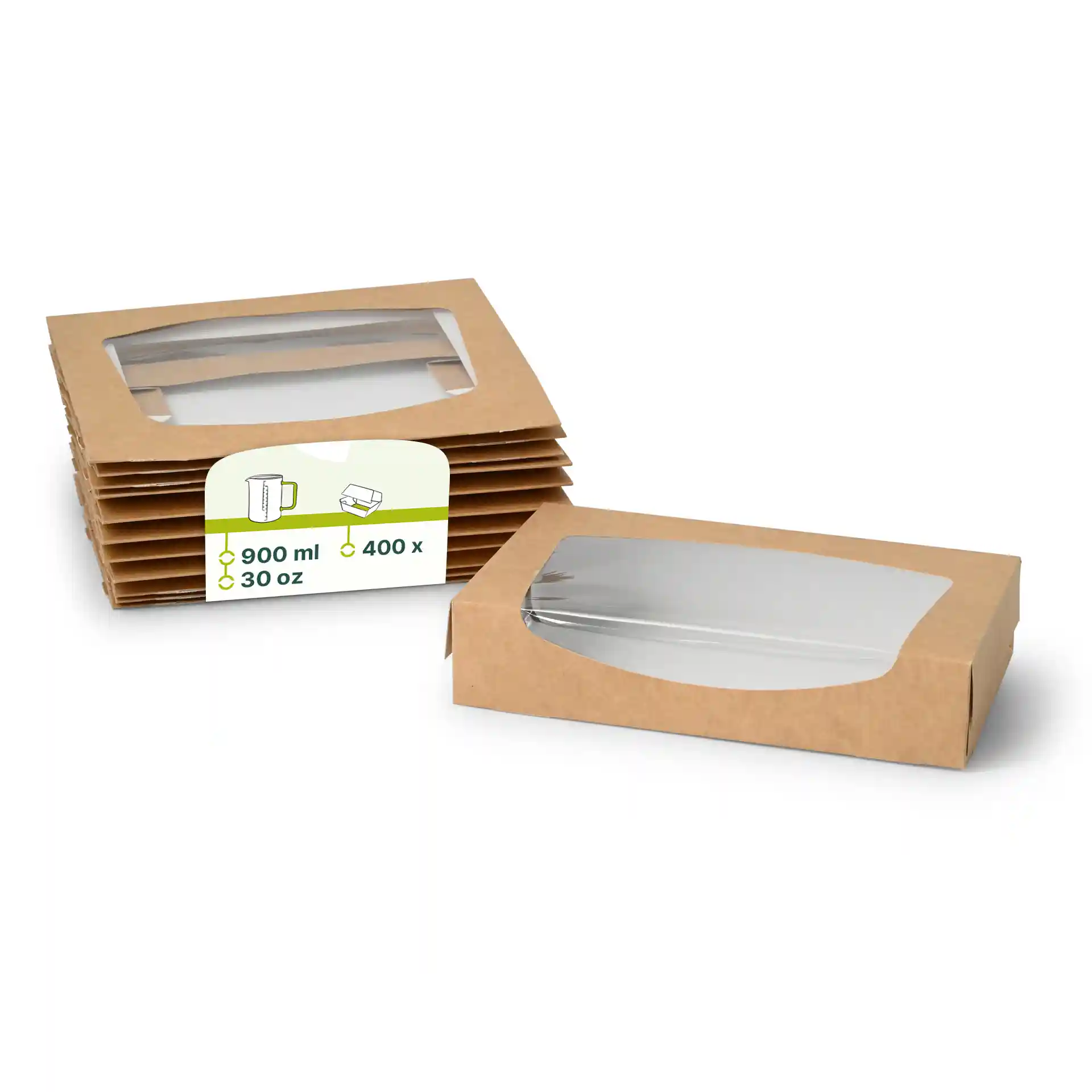 Bruine kartonnen vensterdozen met een transparante plastic bovenkant, 20 x 12 x 4 cm, gestapeld met één doos vooraan.