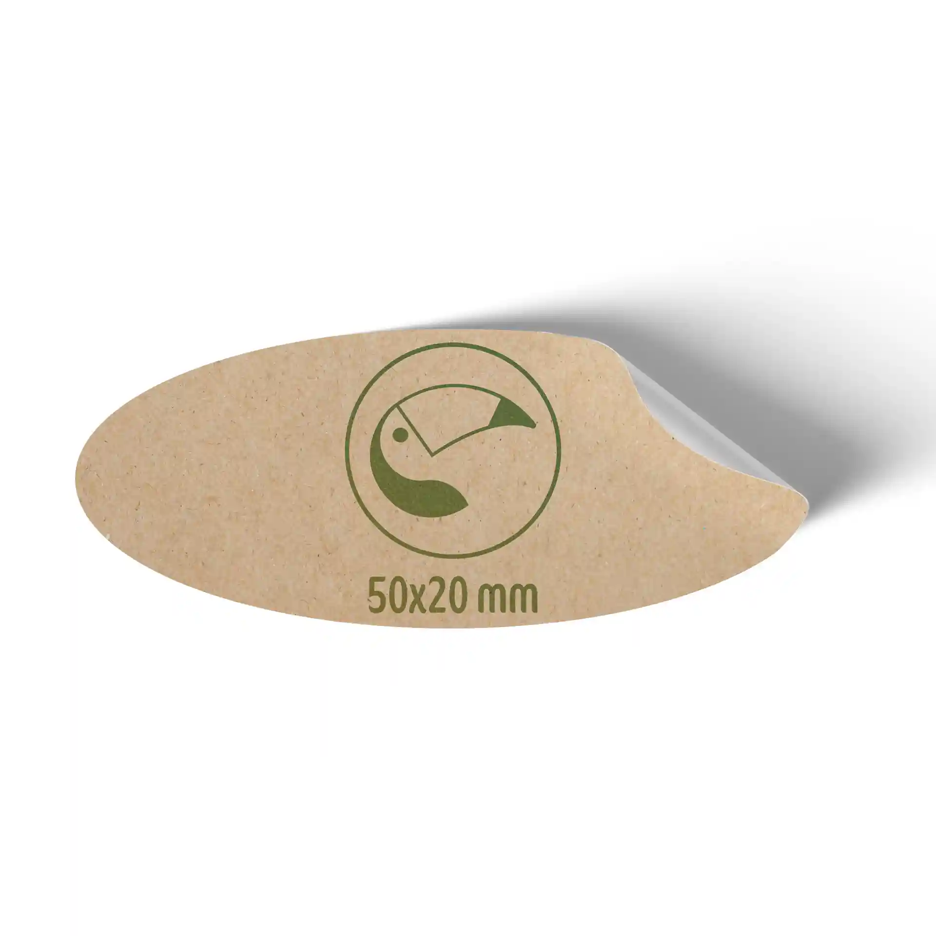 Ovale kraftpapierlabel van 50x20 mm met een groen symbool en markeringen.