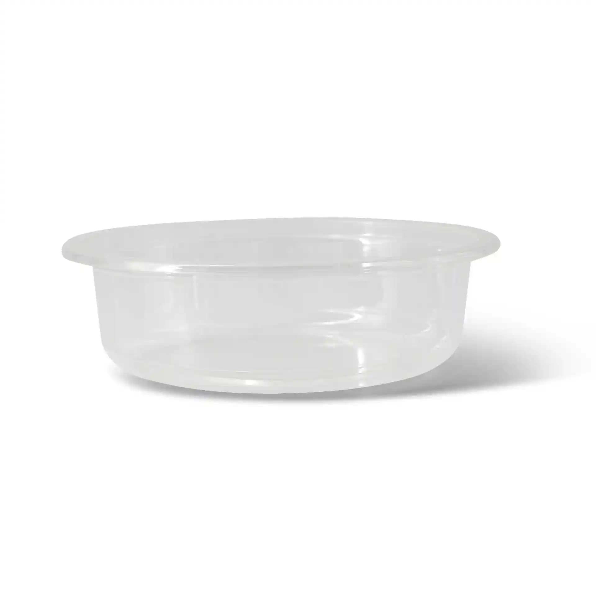 Transparante ronde deli-container met een diameter van 120 mm en een hoogte van 34 mm.