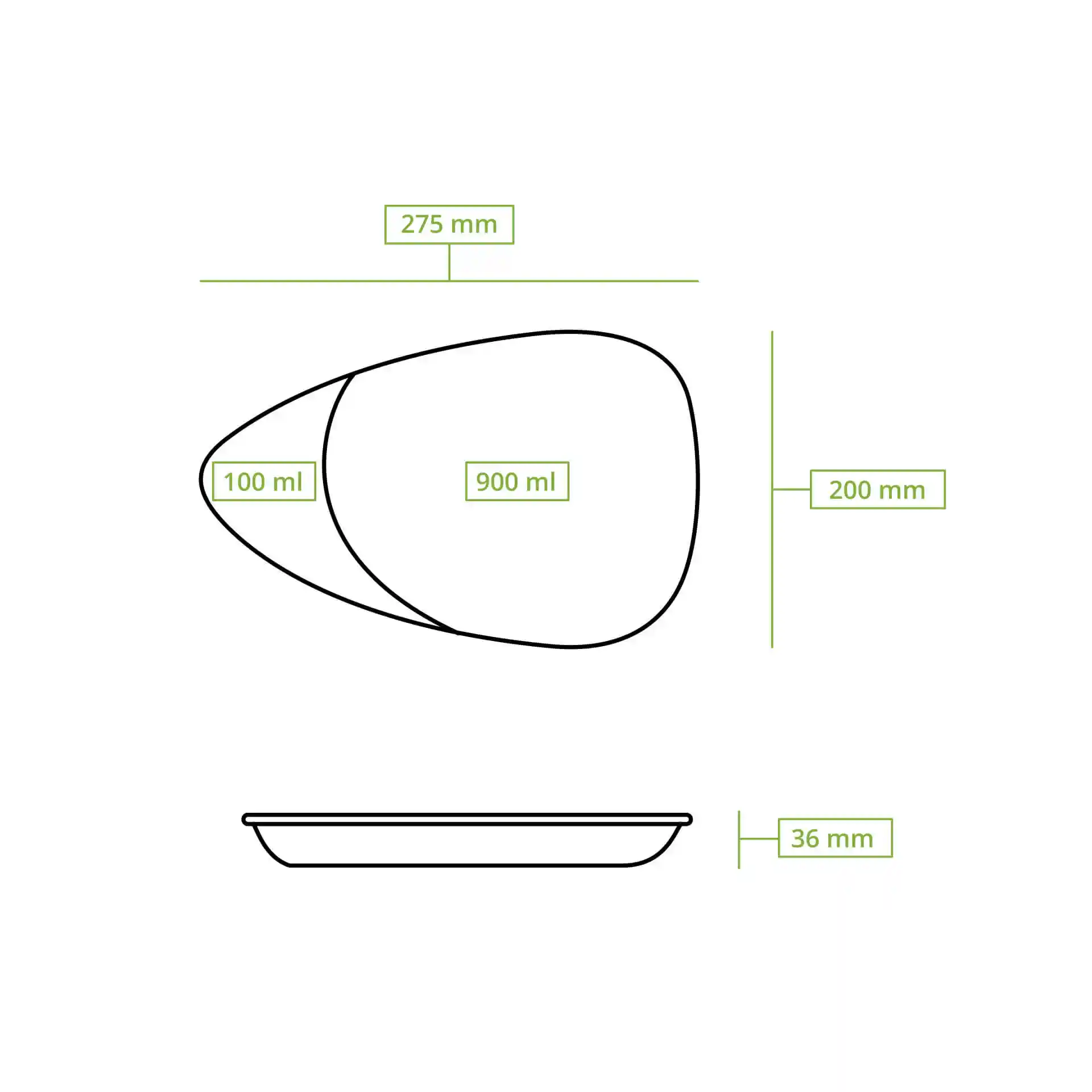 Schematische tekening van een verdeelde plaat met afmetingen: 275 mm lengte, 200 mm breedte en 36 mm hoogte, met twee compartimenten.