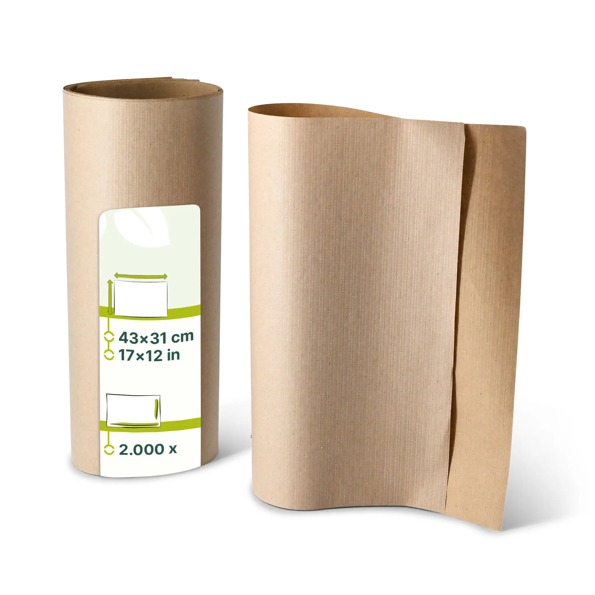 Twee rollen ongebleekt rPaper placemats, elk 43 x 31 cm, met een label met afmetingen en hoeveelheid.