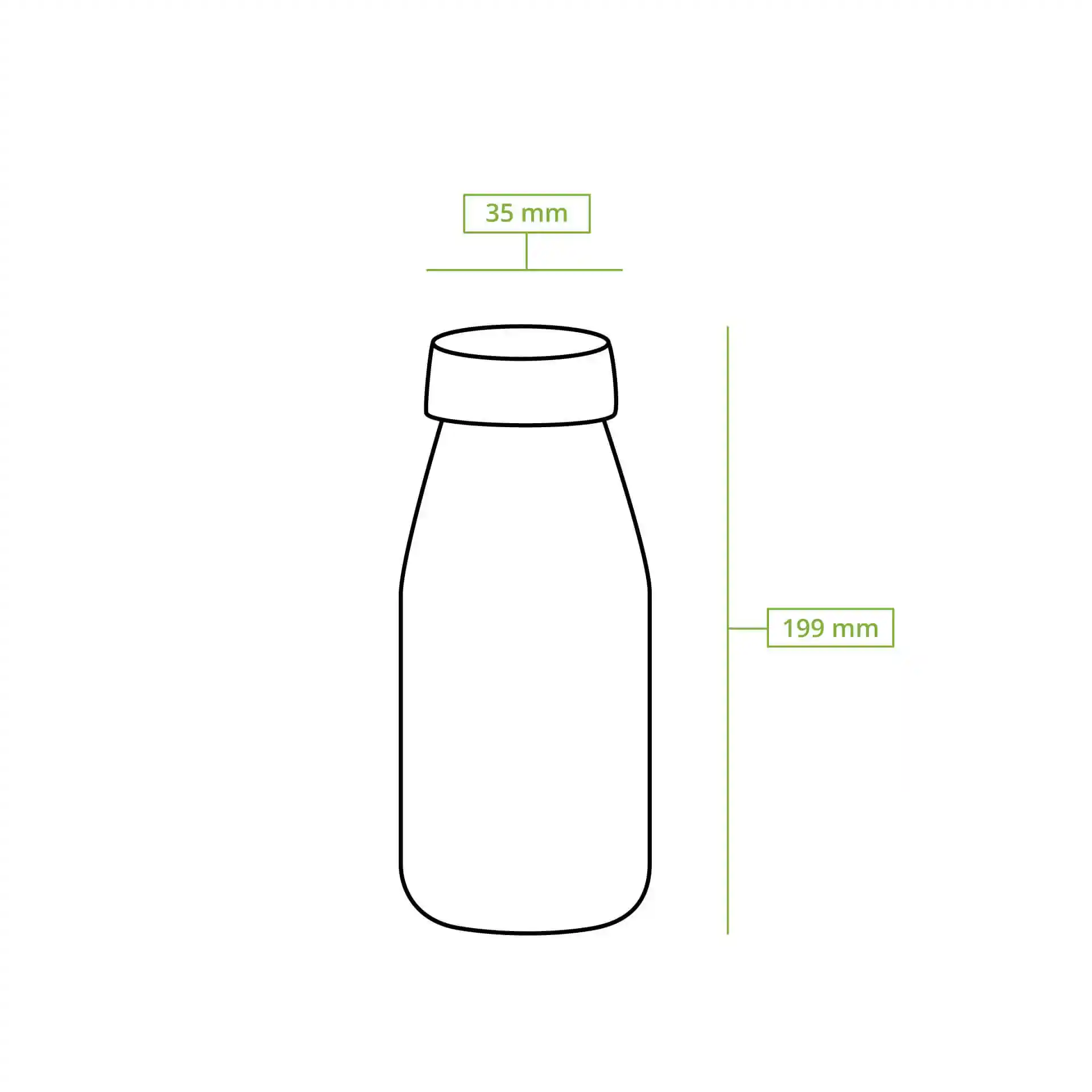 Schematische tekening van een heldere rPET-fles met een zwarte dop, hoogte 199 mm en diameter 35 mm.