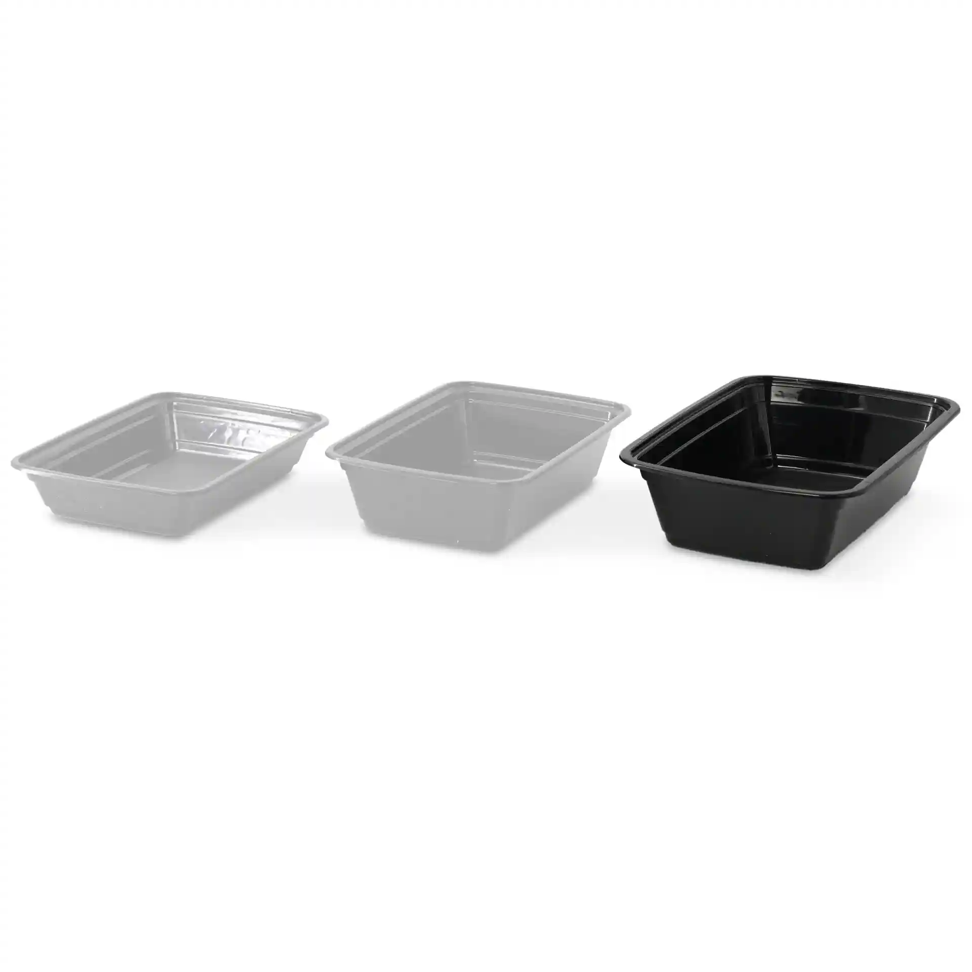 Drie rechthoekige herbruikbare containers in verschillende tinten: één doorzichtig, één grijs en één zwart, allemaal van plastic.