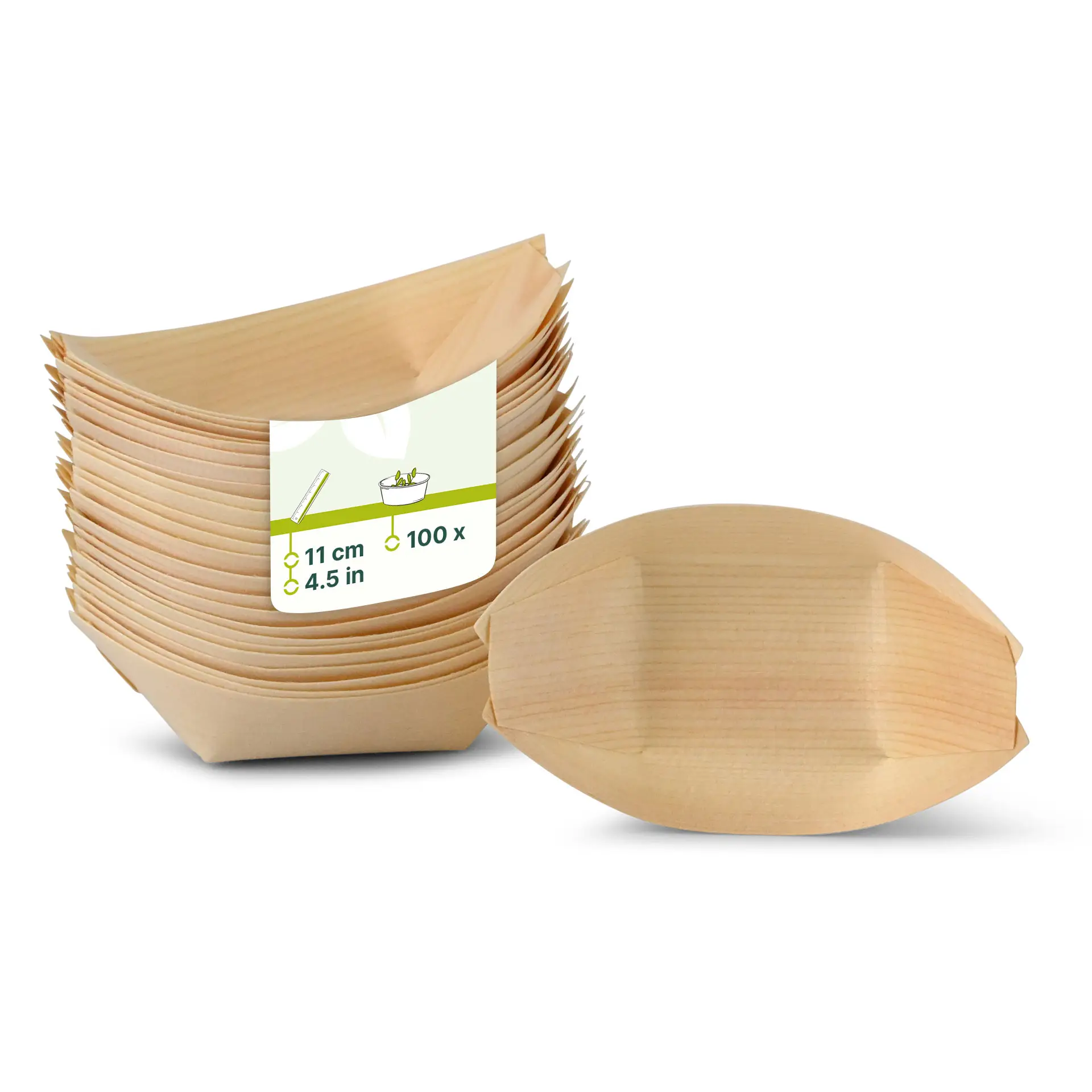 Stapel van houten, bootvormige containers, 11 cm lang, met één container vooraan die een label toont.