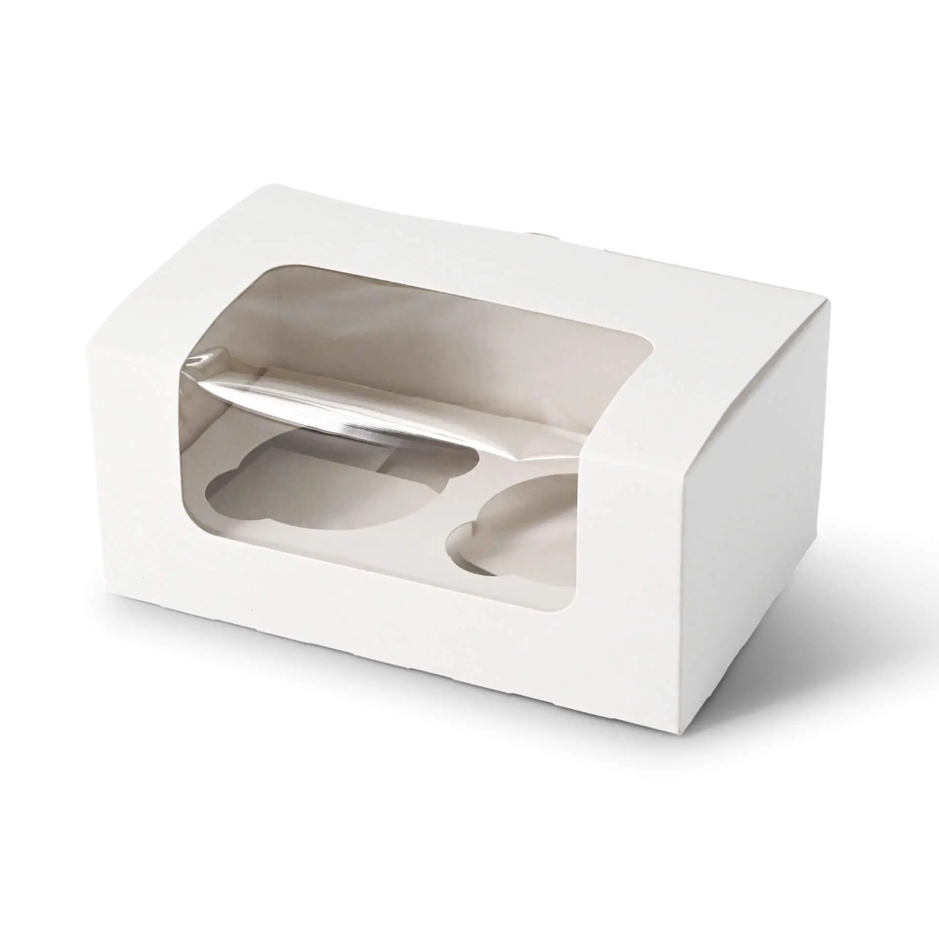 Witte 2-delige cupcake doos met cellulose venster, geschikt voor muffins, cupcakes of kleine gebakken goederen.