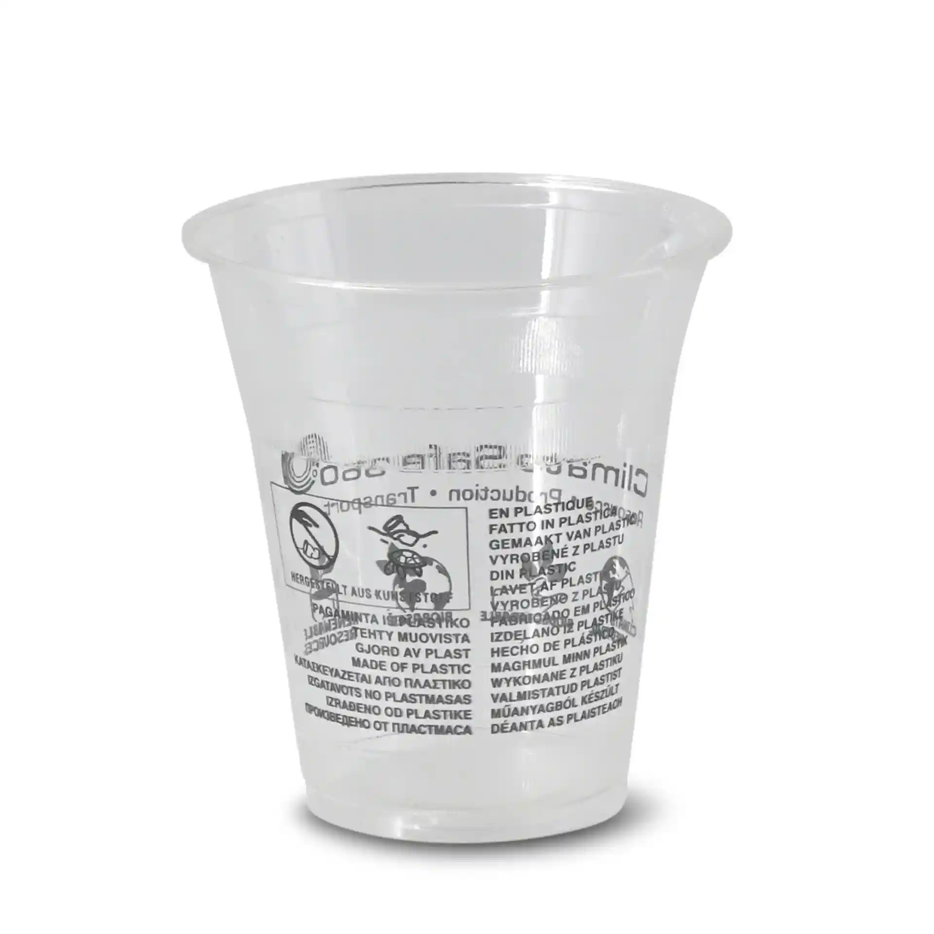 Transparante 12 oz PLA smoothie beker met een hoogte van 103 mm en een diameter van 96 mm, met bedrukte markeringen.