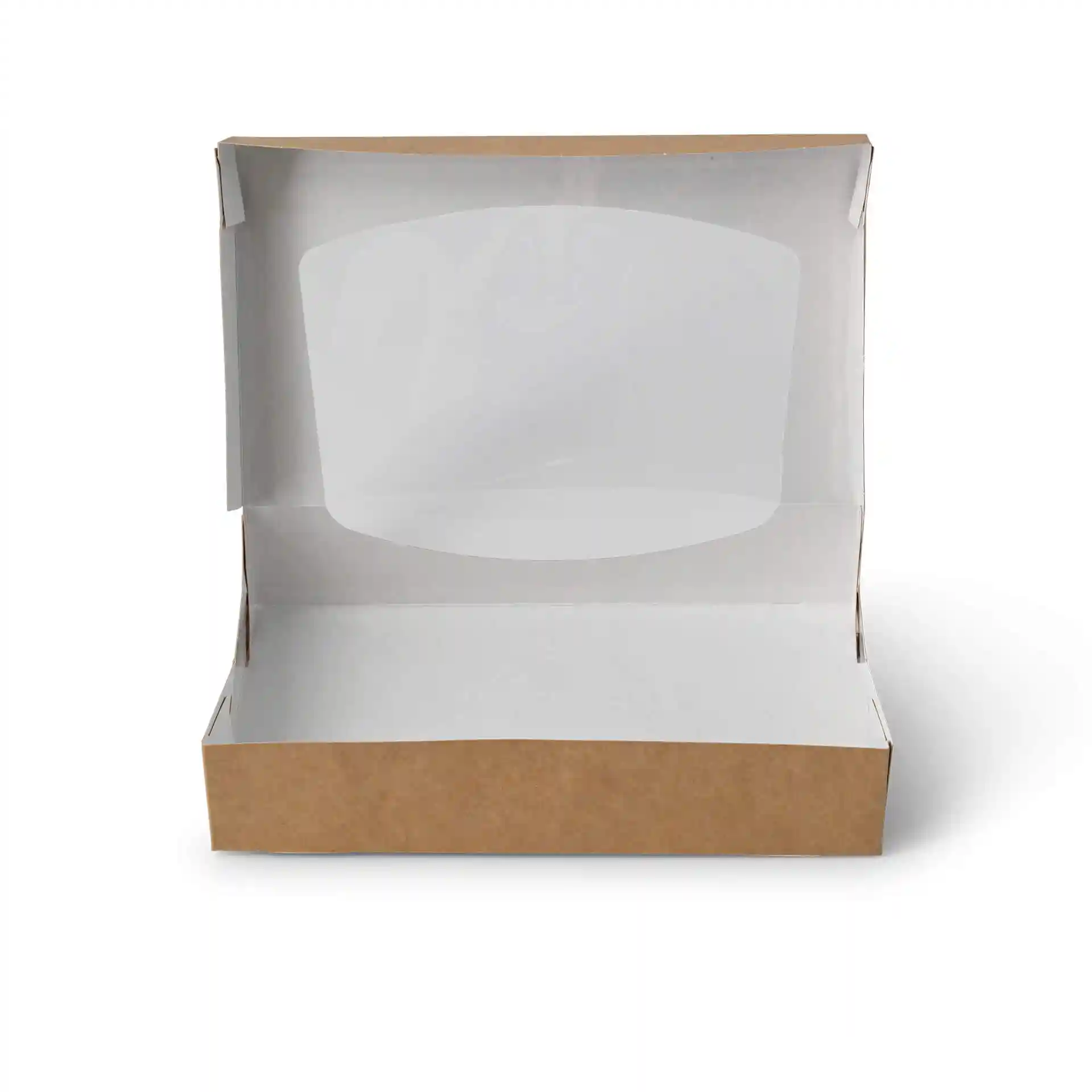 Bruine kartonnen vensterdoos met witte binnenkant, 20 x 12 x 4 cm, open en leeg.