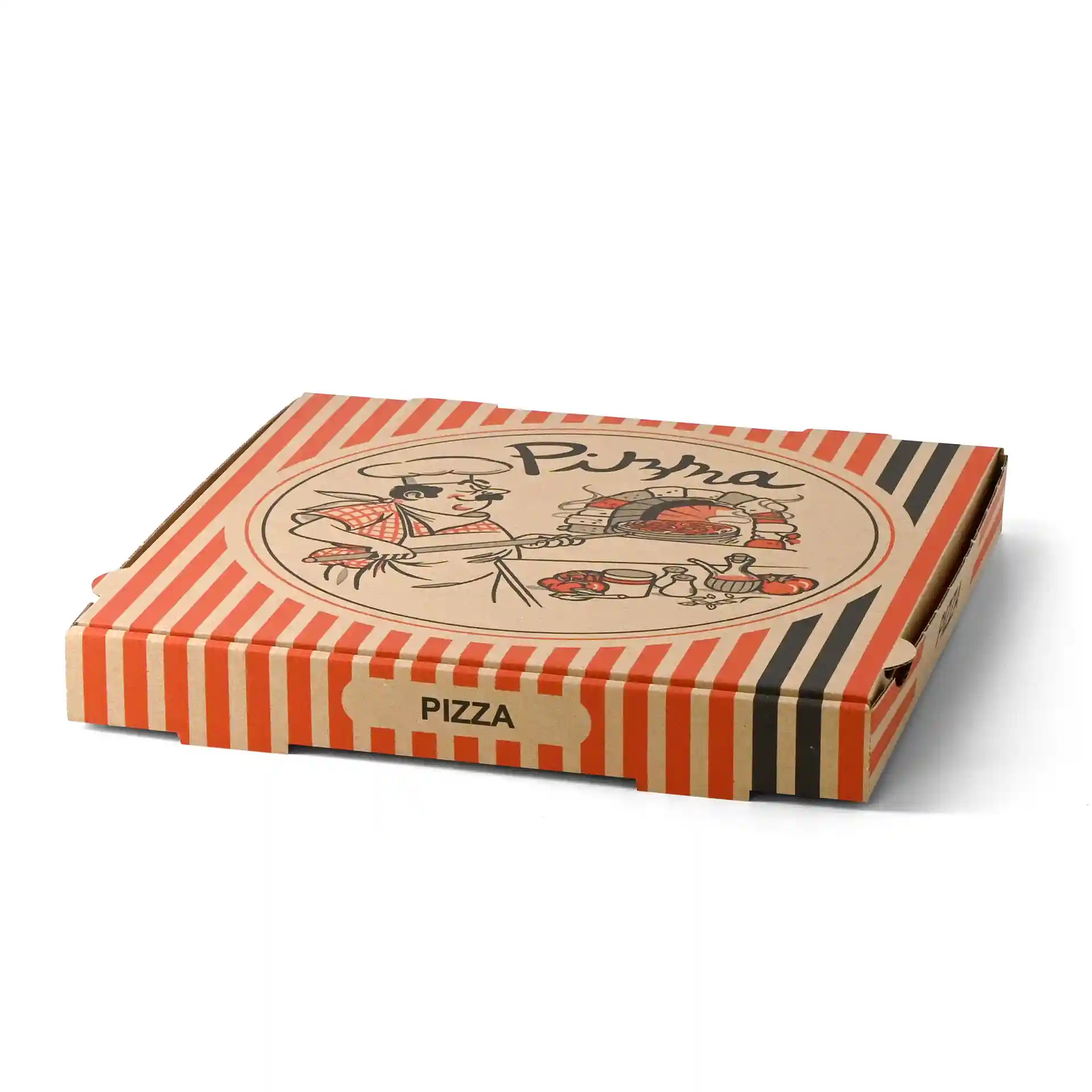 Pizzadoos met een bruin ontwerp van een pizzakok, afmetingen 32 x 32 x 4 cm.