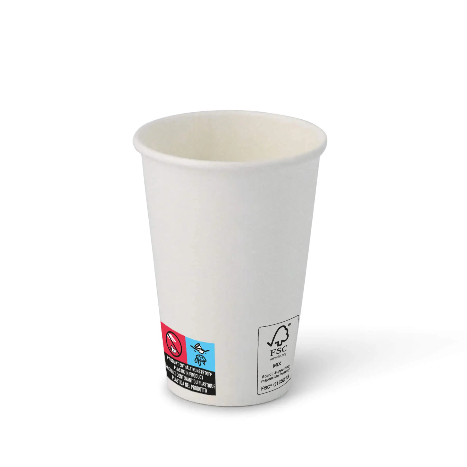 Witte papieren beker met een ronde vorm, voorzien van een coating en zichtbare labels aan de zijkant.