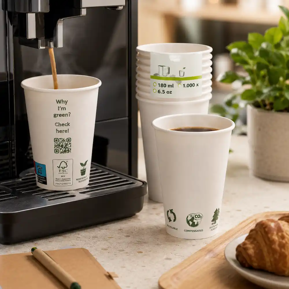 Witte wegwerpbekers naast een koffiezetapparaat waar hete koffie wordt ingeschonken.