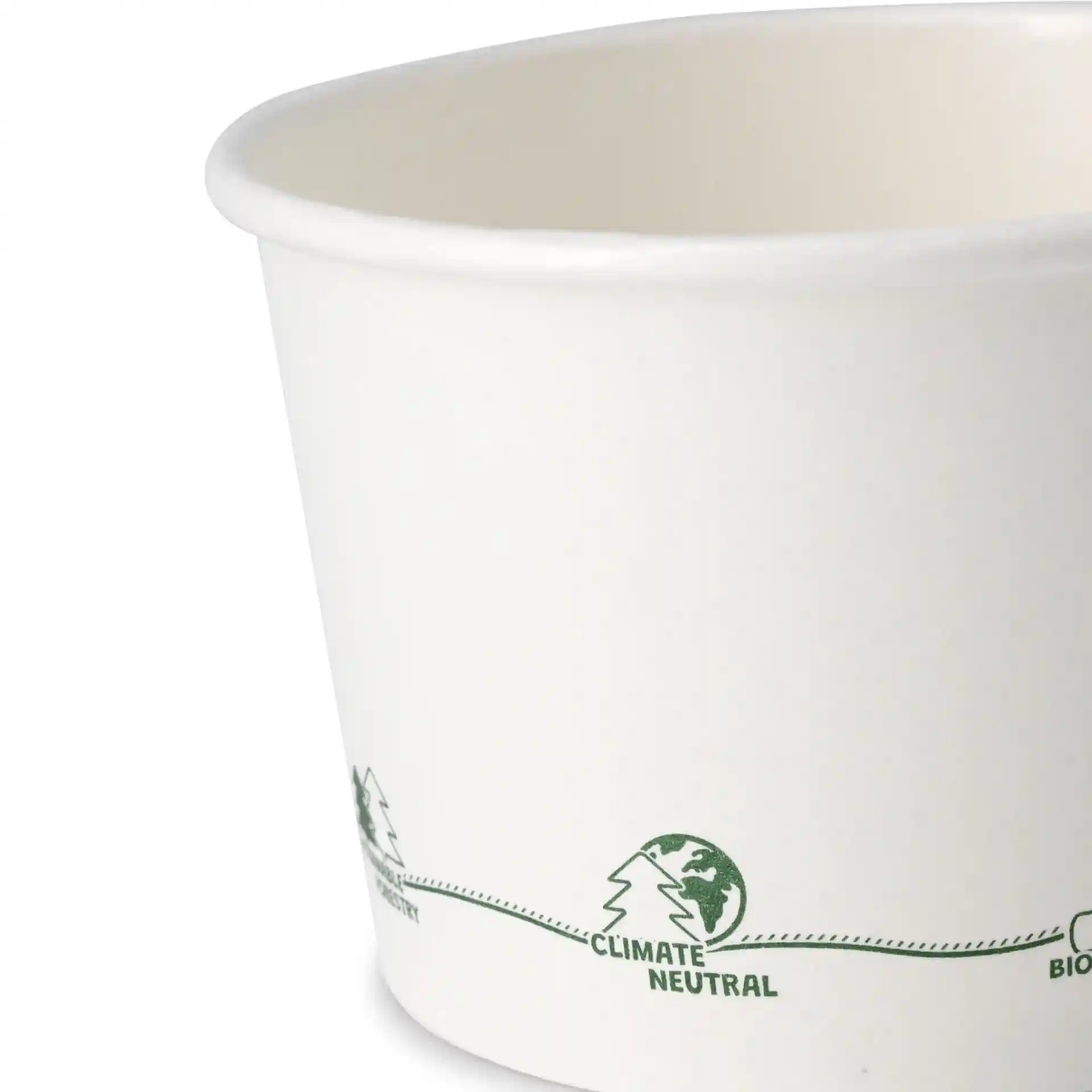 Witte kartonnen soepbeker met groene bedrukte iconen, ronde vorm en milieuvriendelijke coating.