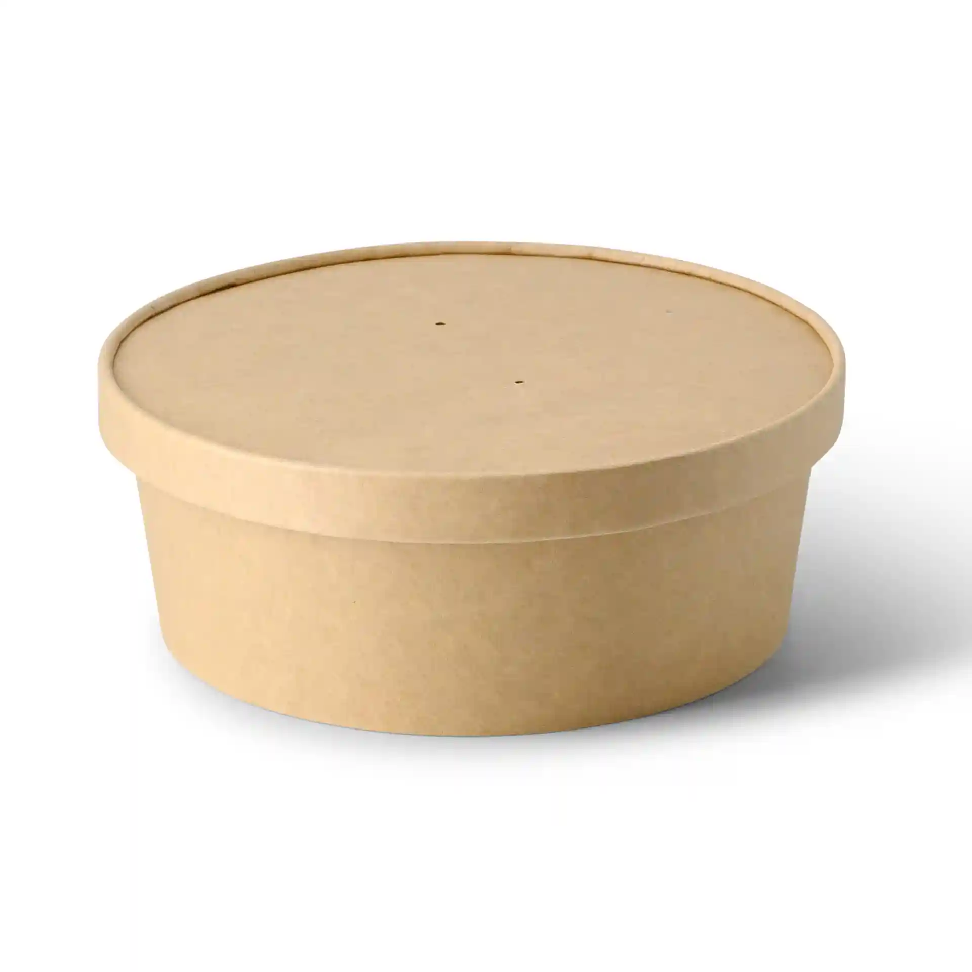 Ronde bruine kartonnen kom met deksel, met een diameter van 185 mm en een hoogte van 65 mm.