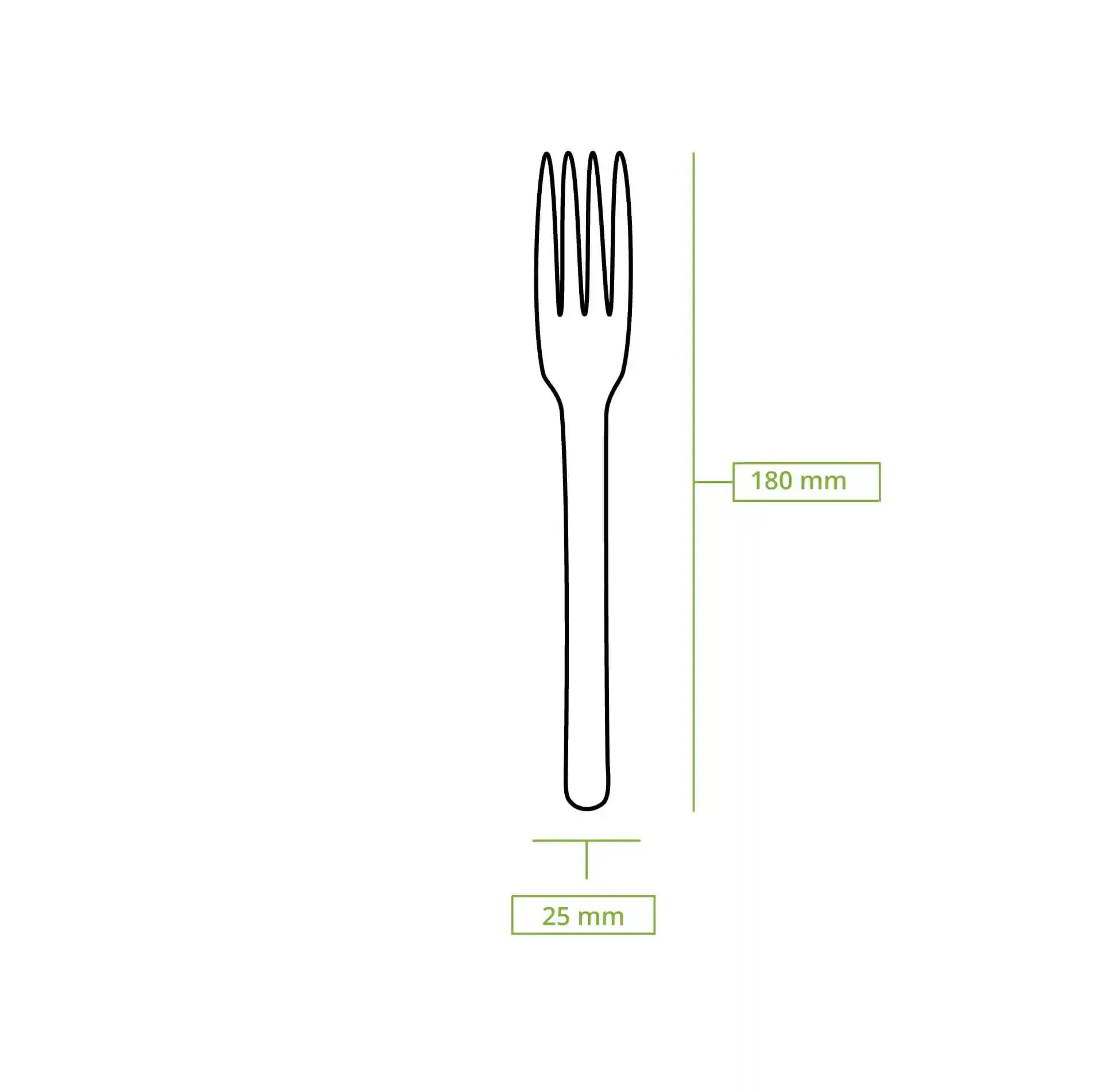 Schematische tekening van een houten vork met maatlijnen die 180 mm lengte en 25 mm breedte aangeven.