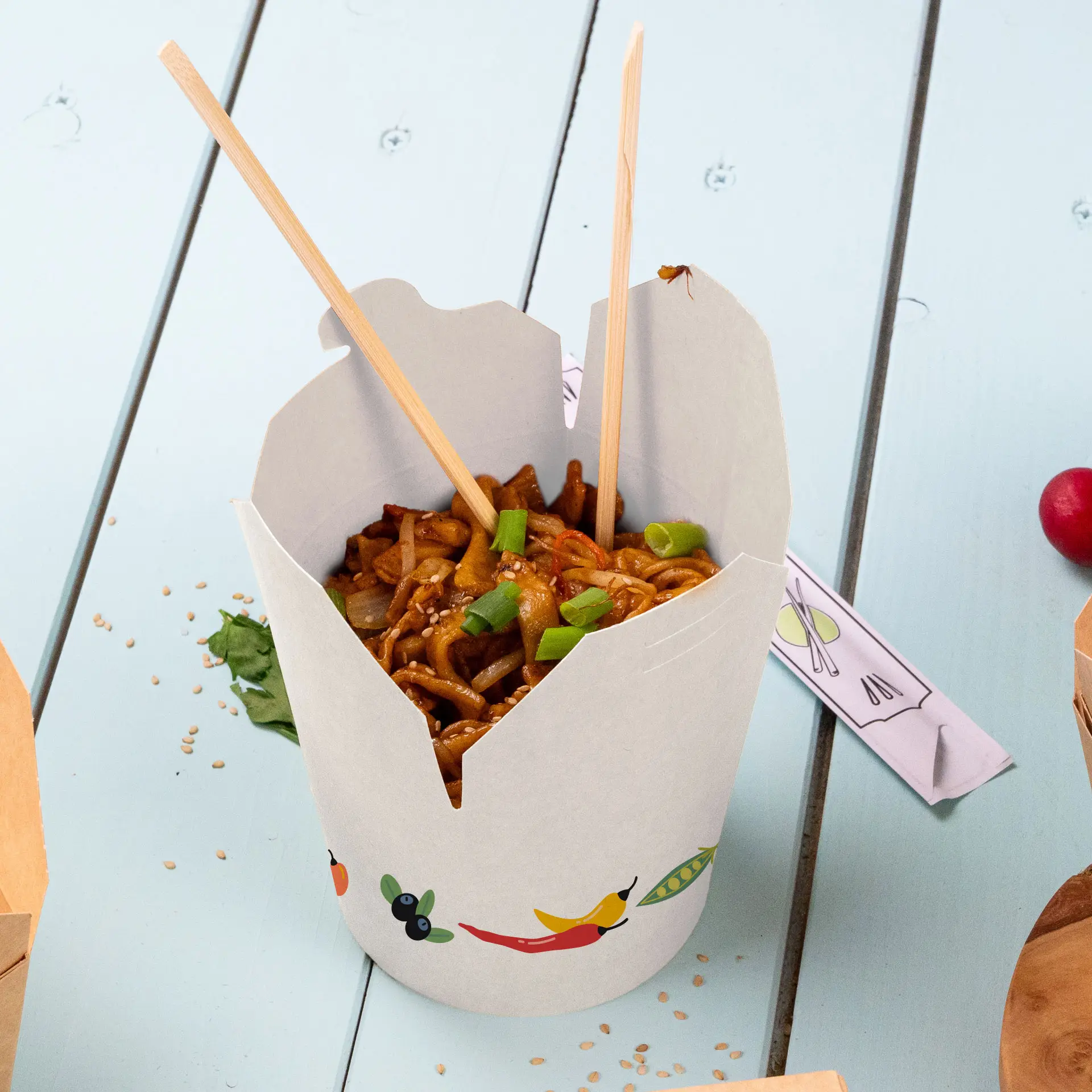 Bedrukte noedelboxen, 800 ml, wit, PE-coating