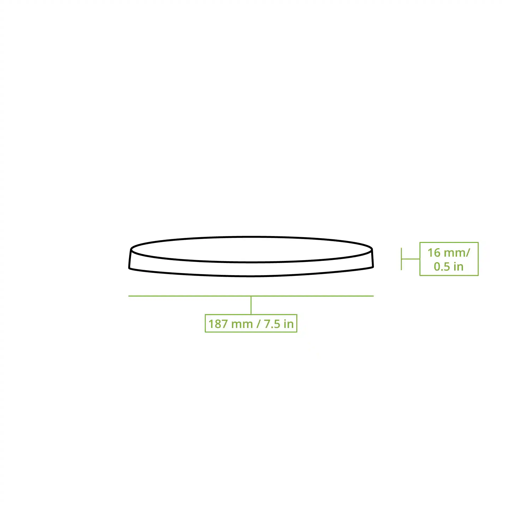 Schematische tekening van een ronde kartonnen deksel met een diameter van 187 mm en een hoogte van 16 mm.