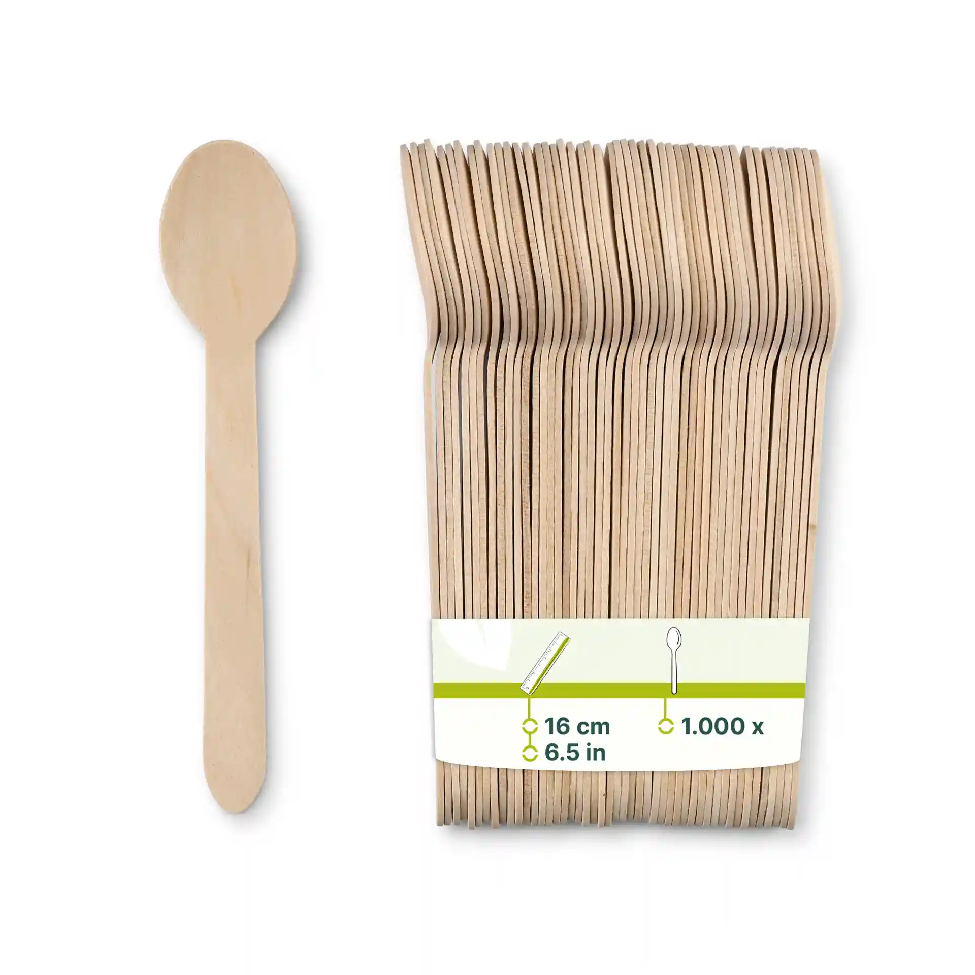Houten lepel in een verpakking, 16 cm lang, bruin van kleur en bio-gecoat, naast het pakket weergegeven.