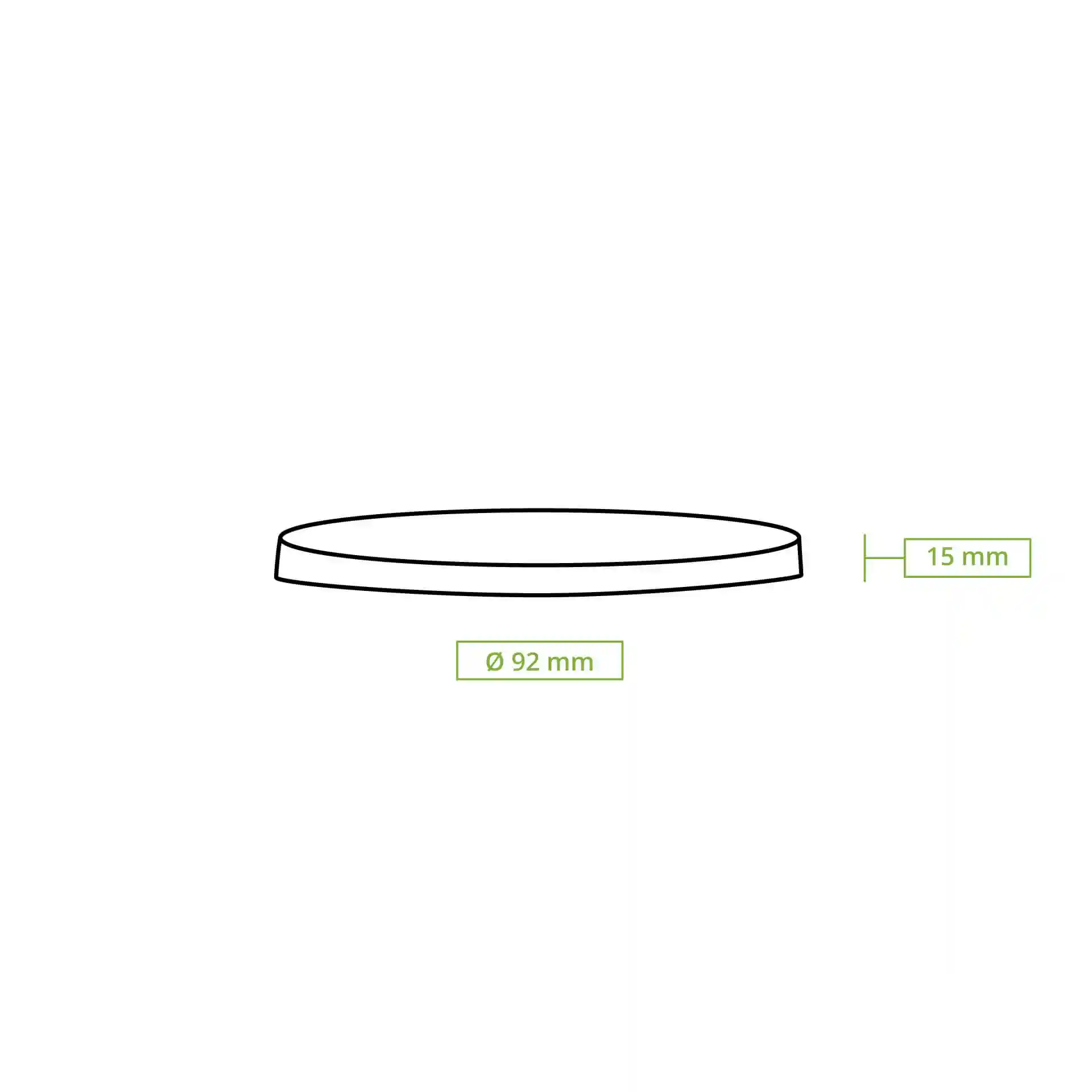 Schematische tekening van een ronde witte papieren deksel met een diameter van 93 mm en een hoogte van 14 mm.
