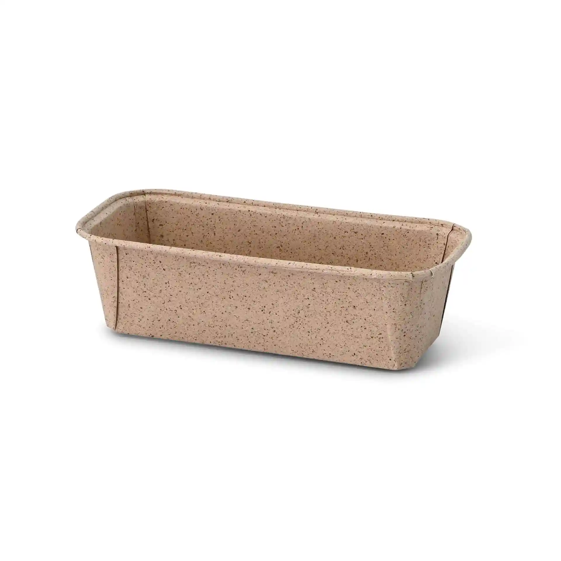 Rechthoekige bakvorm van bruin cacaopapier, 190 × 87 × 55 mm groot.