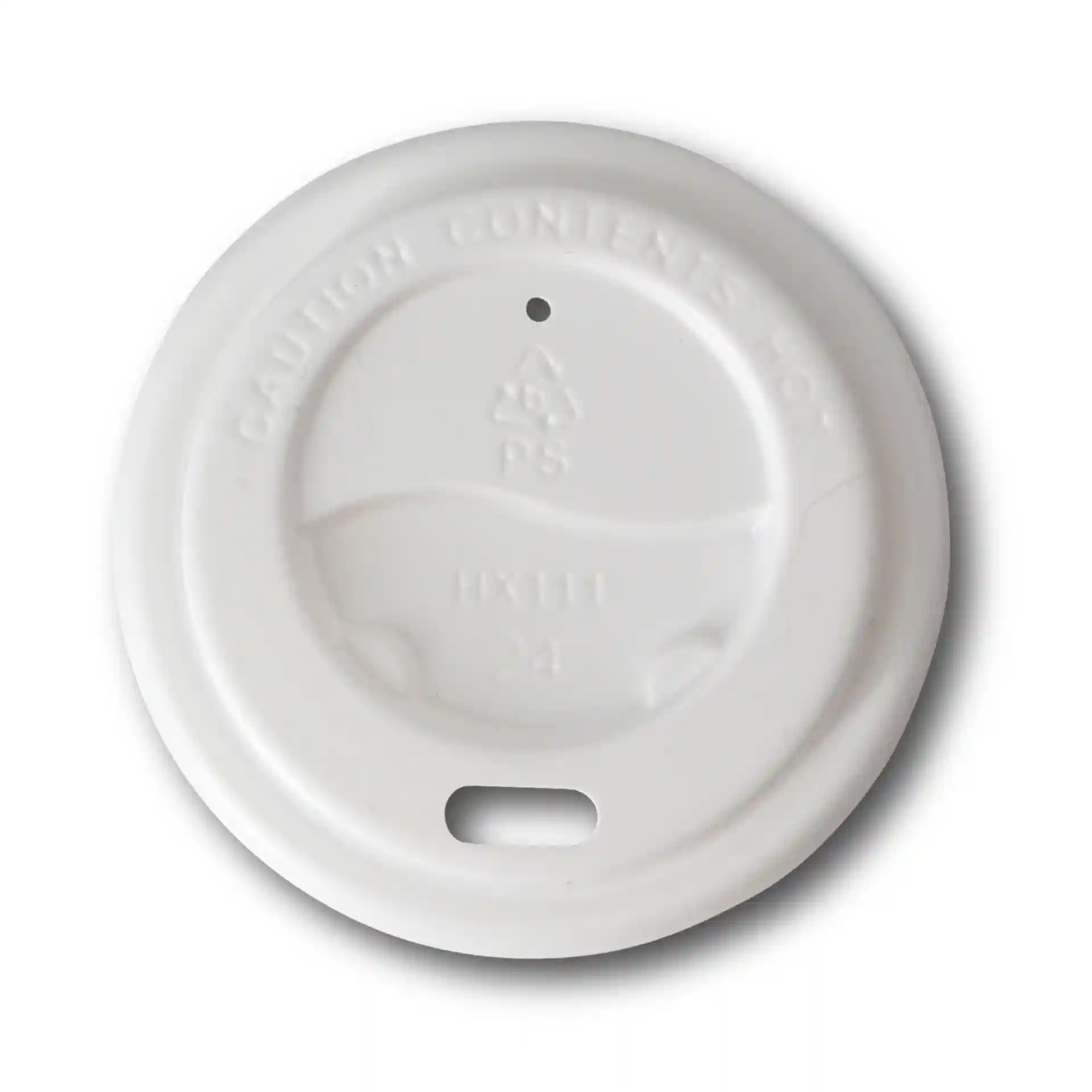 Witte ronde PS-deksel met drinkopening, 62 mm in diameter en 16 mm hoog.