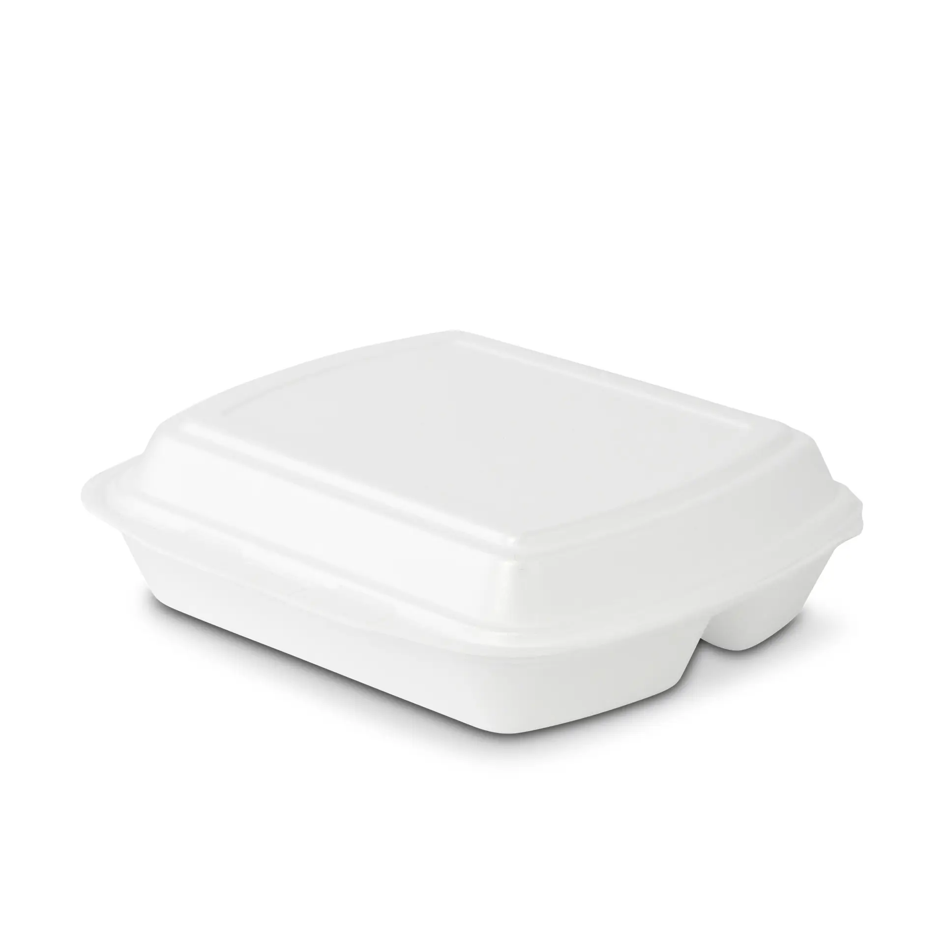 Witte voedselcontainer met een scharnierende deksel, geschikt voor afhaalmaaltijden of voedselopslag.