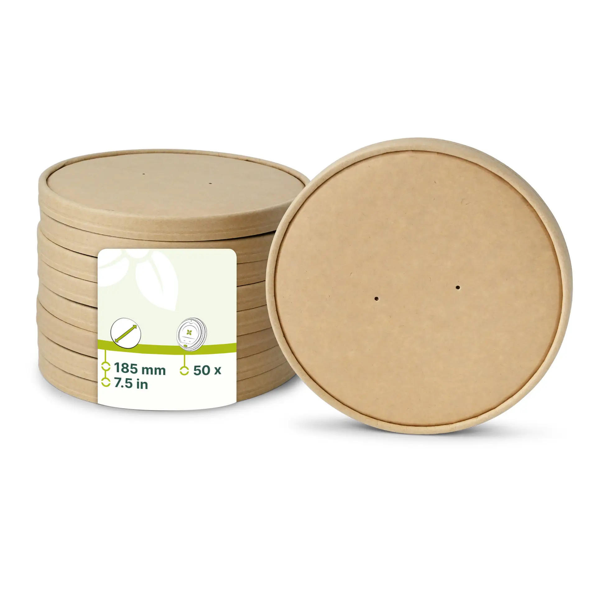 Kartonnen deksel met membraan (gecoat) Ø 185 mm, bruin, rond (voor kartonnen schalen) Kartonnen deksel met membraan (gecoat) Ø 185 mm, bruin, rond (voor kartonnen schalen)