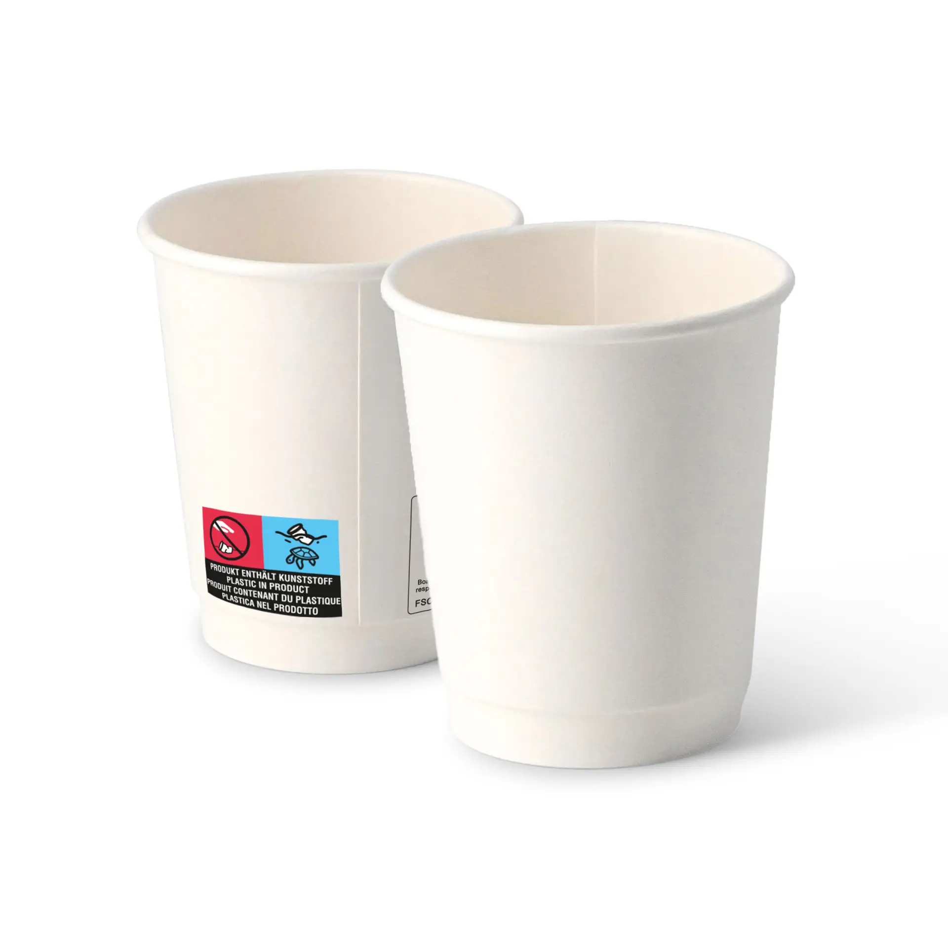 Dubbelwandige witte kartonnen bekers met een diameter van 80 mm en zichtbare labels op één beker.