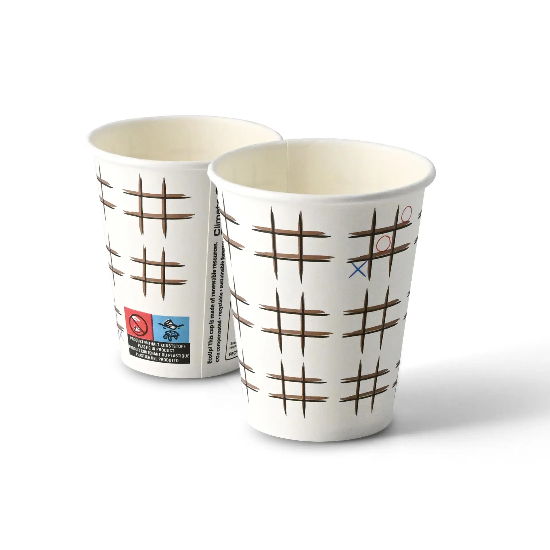 Bedrukte kartonnen beker "Tic Tac Toe" (gecoat) 200 ml / 8 oz, Ø 80 mm, wit