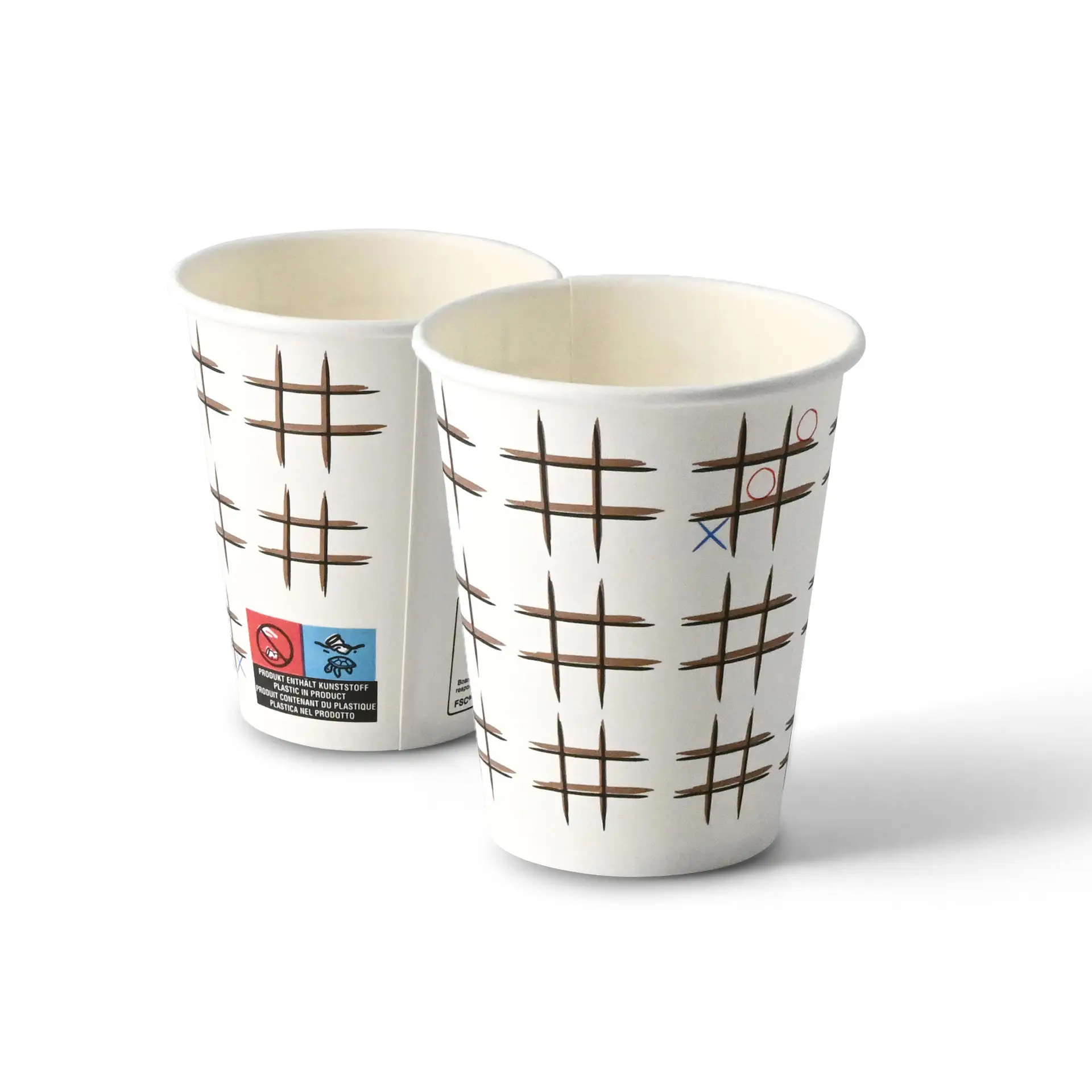 Twee 8 oz papieren bekers met een "Tic Tac Toe"-print, witte karton, ronde vorm en zichtbare labels op één beker.