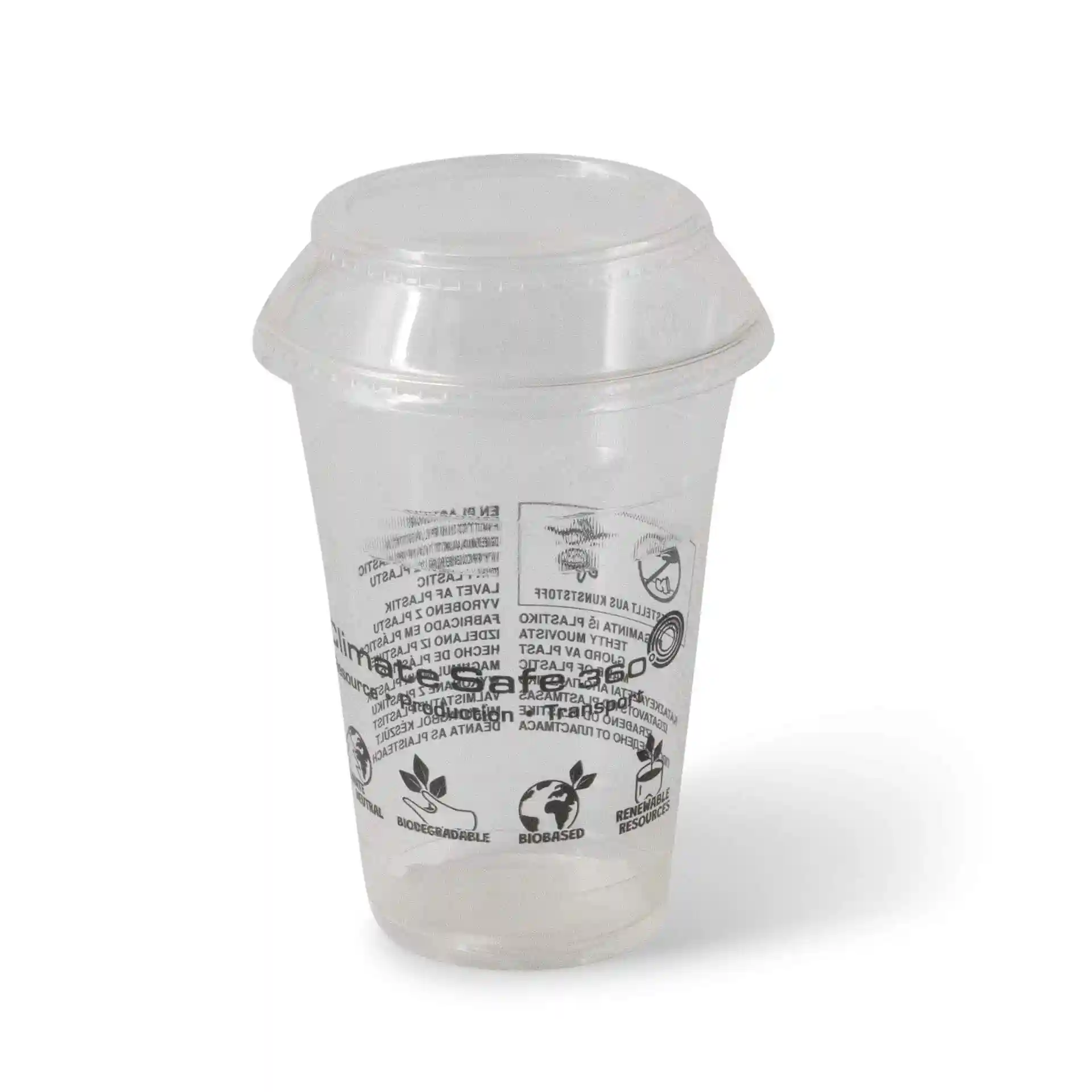 Transparante 16 oz PLA smoothie beker met deksel, met verschillende symbolen en markeringen op het oppervlak.