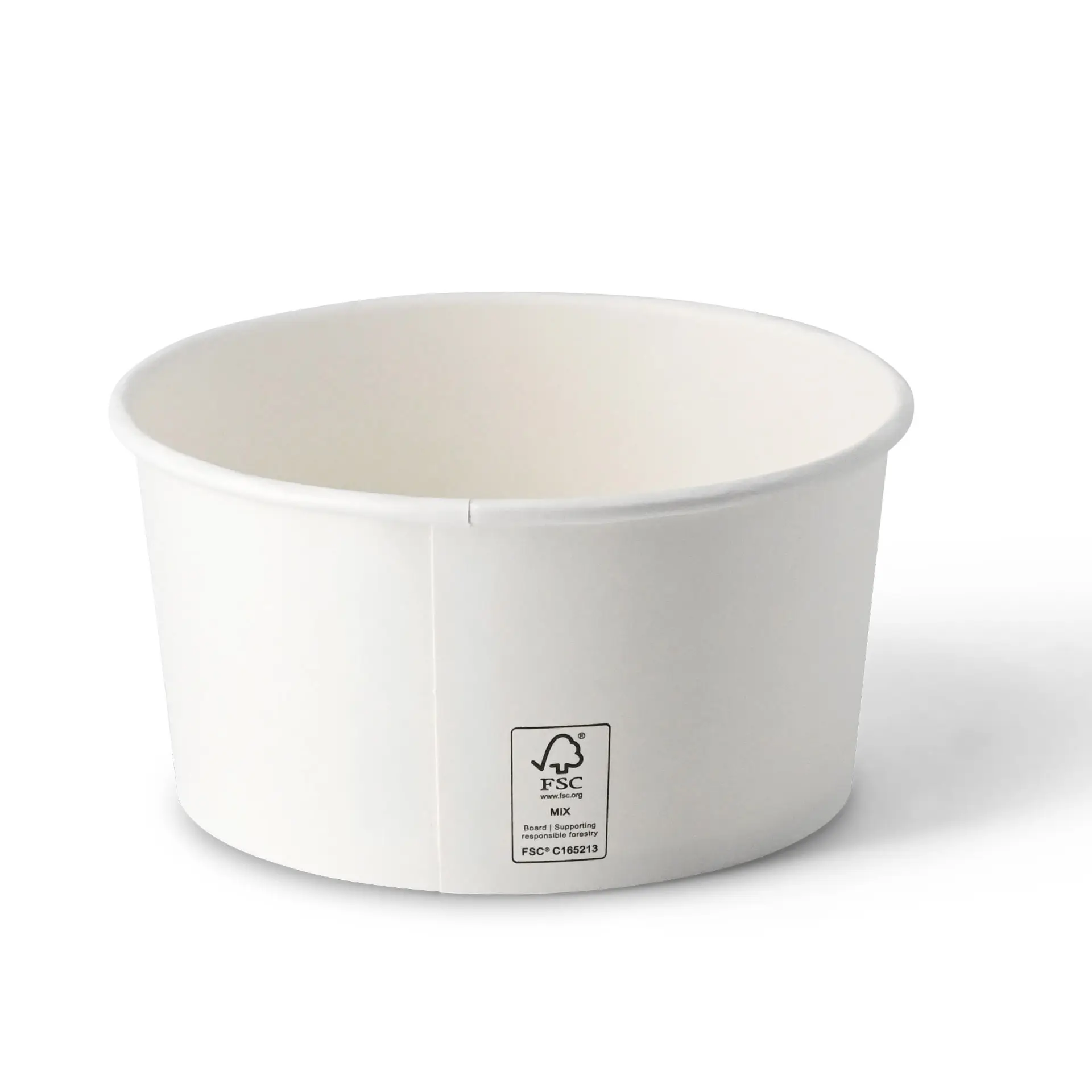 Witte ronde papieren kom met een hoogte van 75 mm en een diameter van 150 mm, gemaakt van karton.