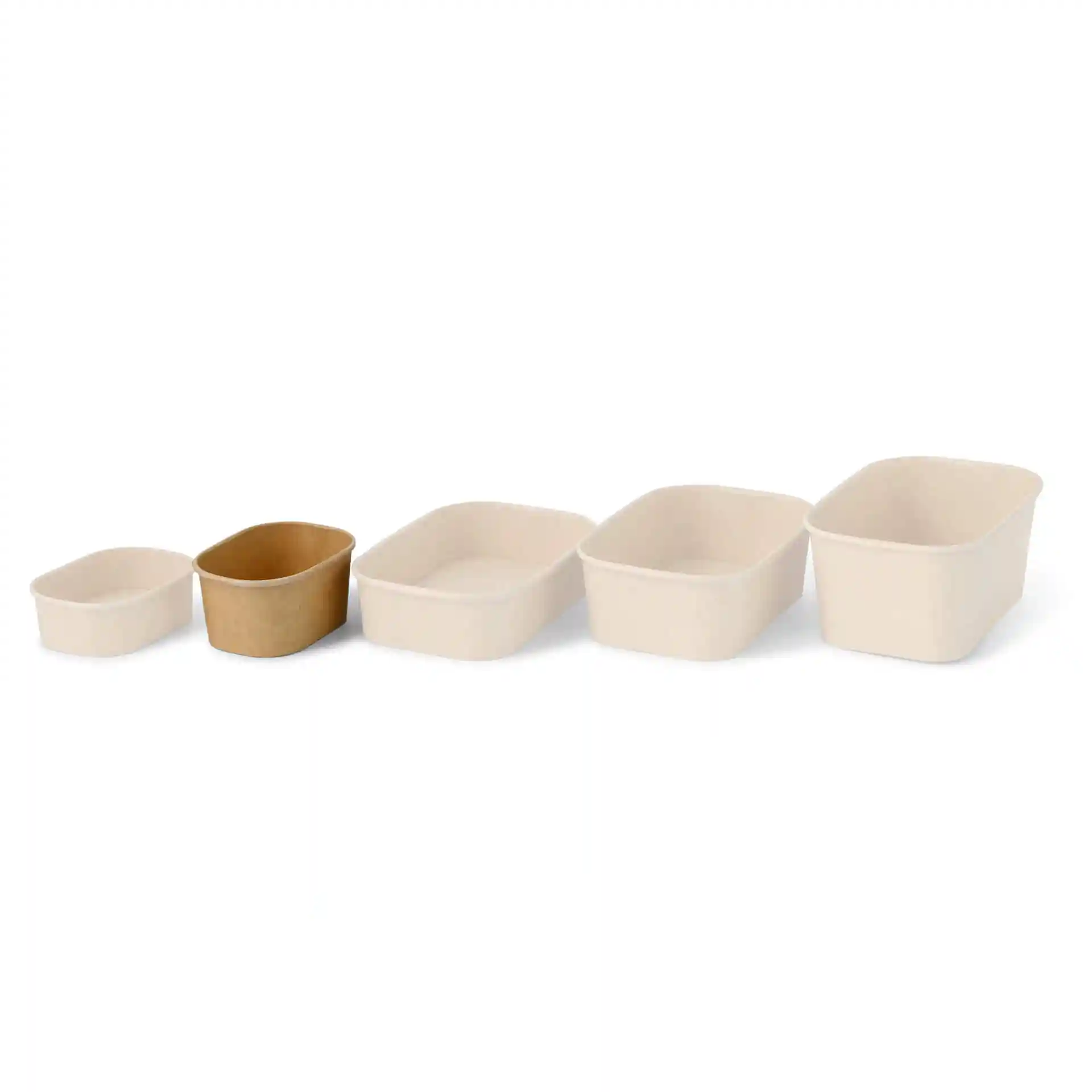 Set van vier rechthoekige voedselcontainers in beige en bruine karton, variërend in grootte van klein tot groot.