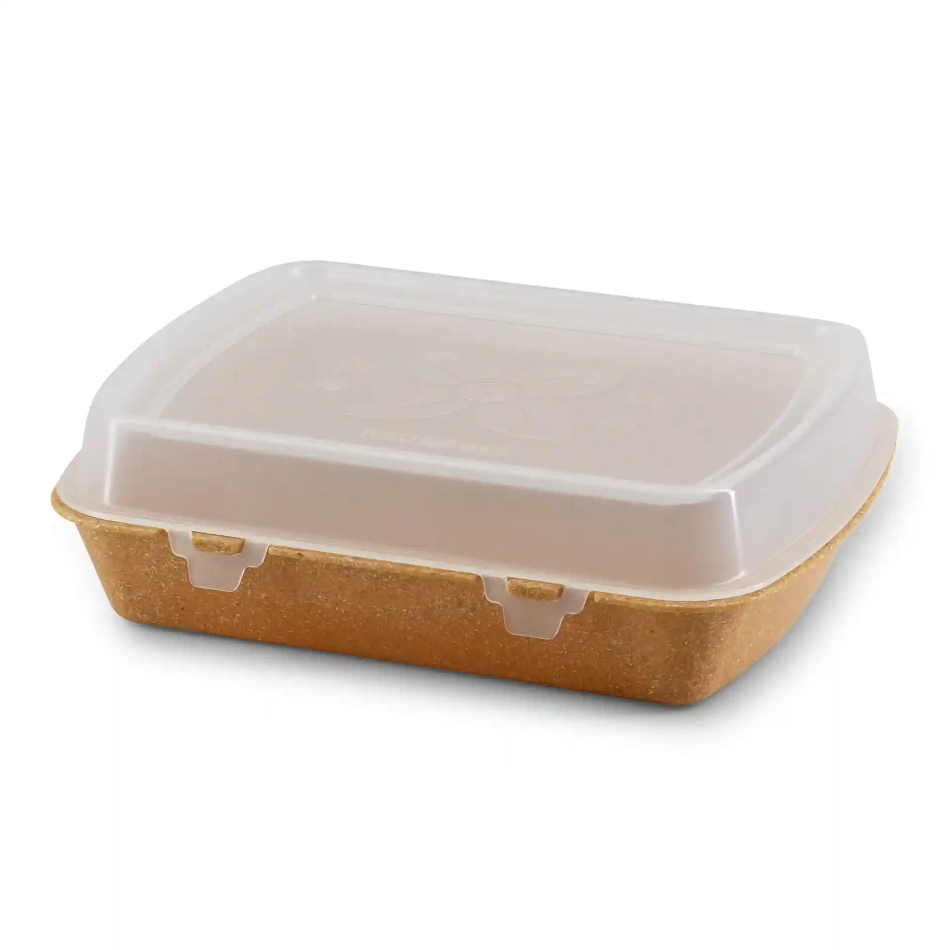 Rechthoekige bruine herbruikbare container met een doorzichtig deksel, 24,5 x 20 x 4,5 cm groot.