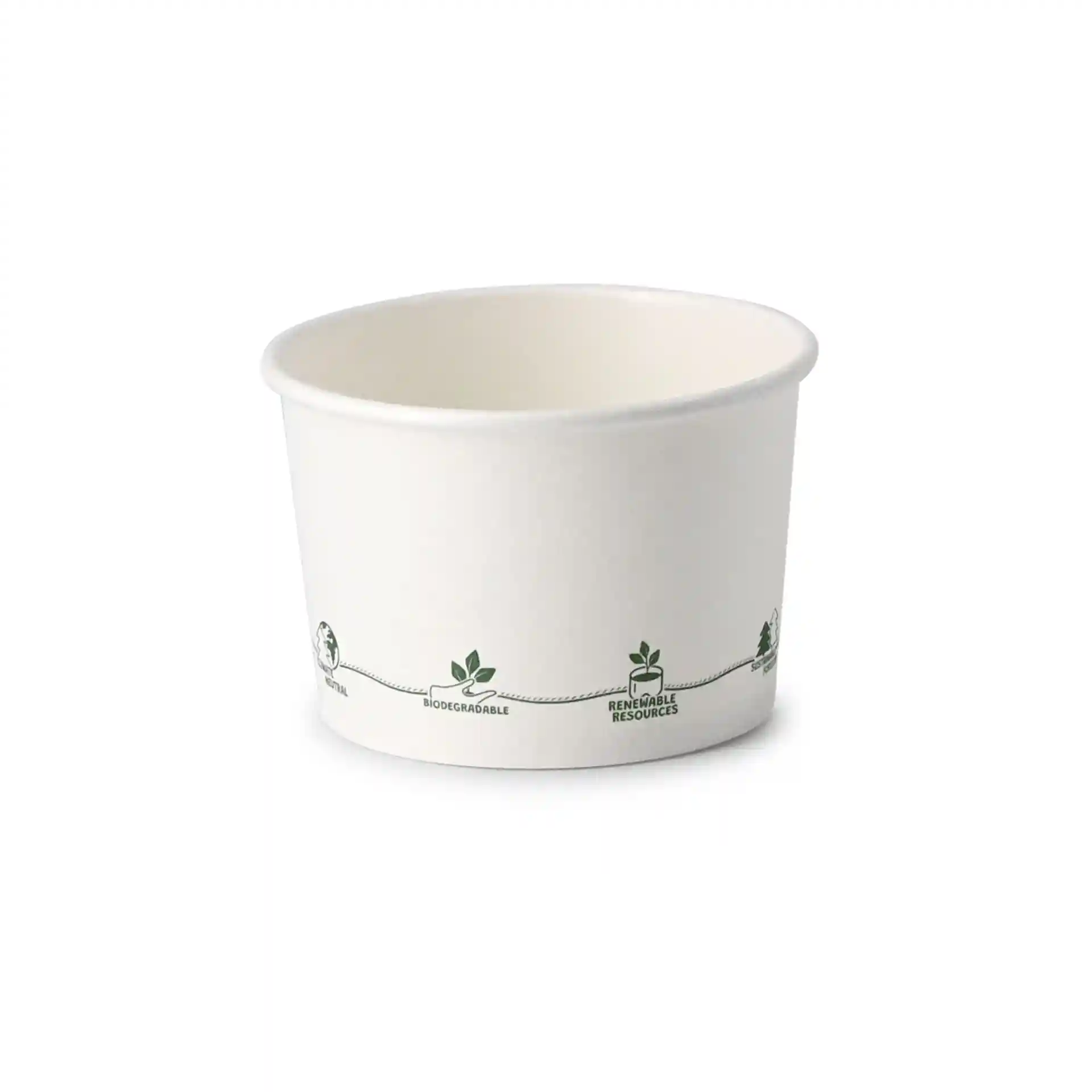 Witte kartonnen soepbeker, ronde vorm, met geprinte eco-iconen, diameter 90 mm, hoogte 60 mm.